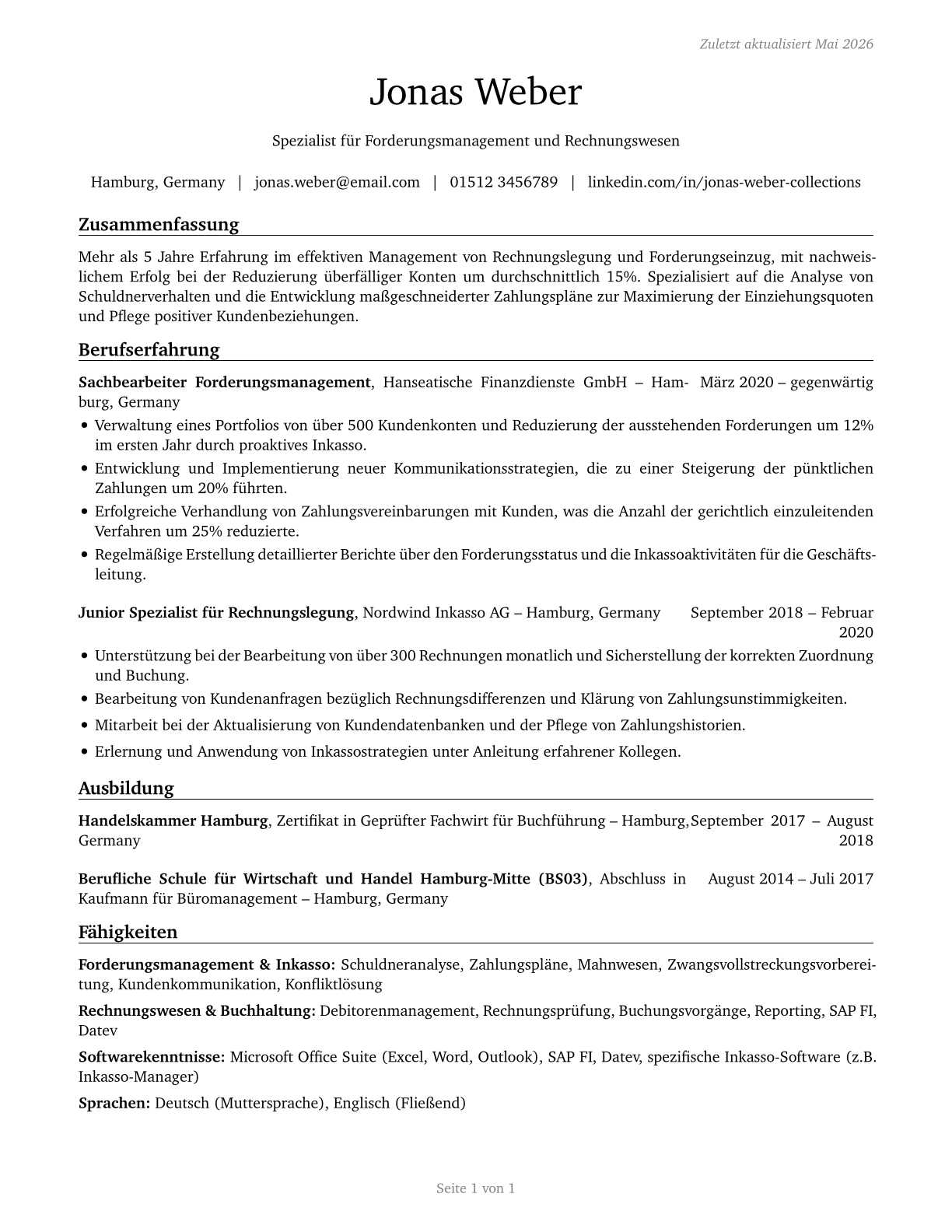 Bill and Account Collectors CV in German — page 1