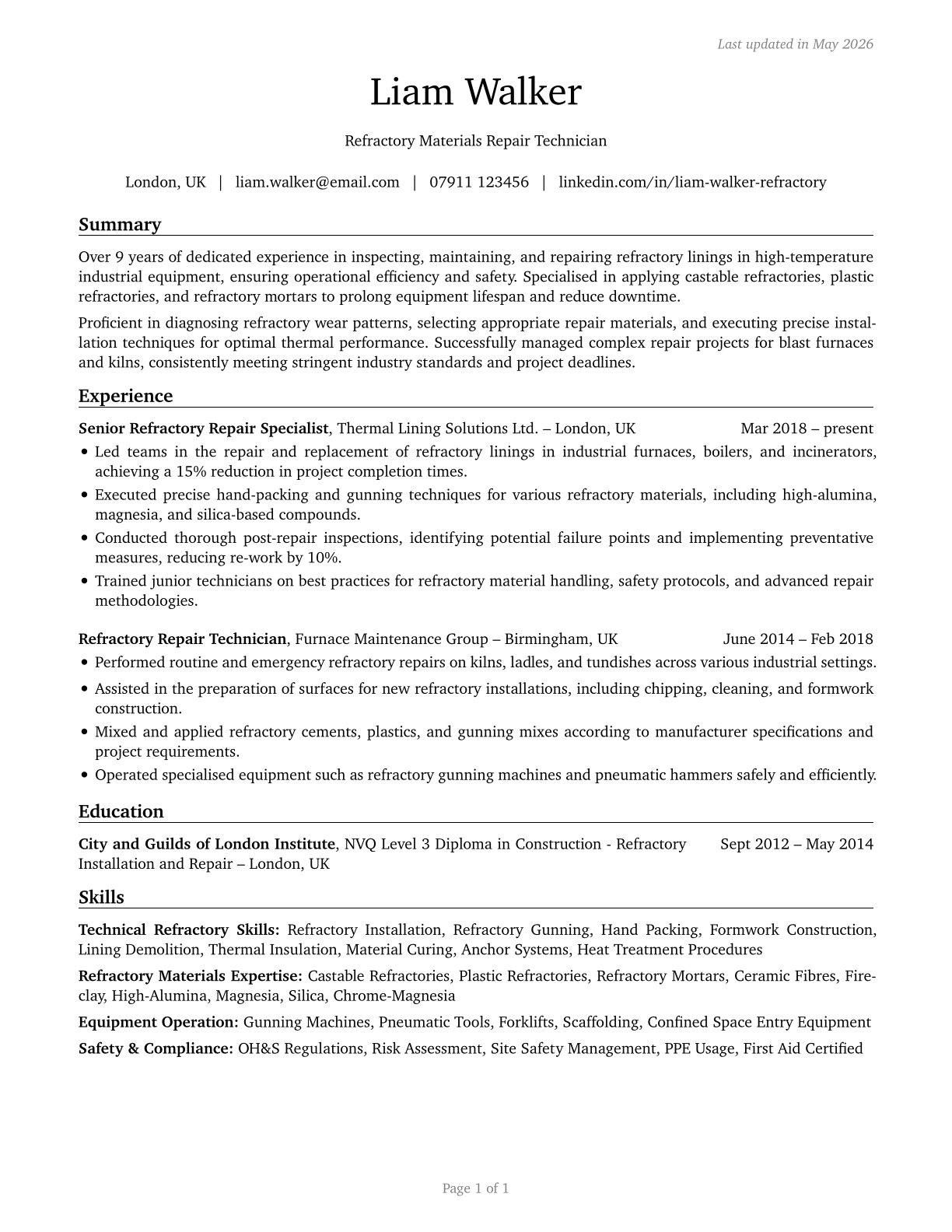 Refractory Materials Repairers, Except Brickmasons CV in English — page 1