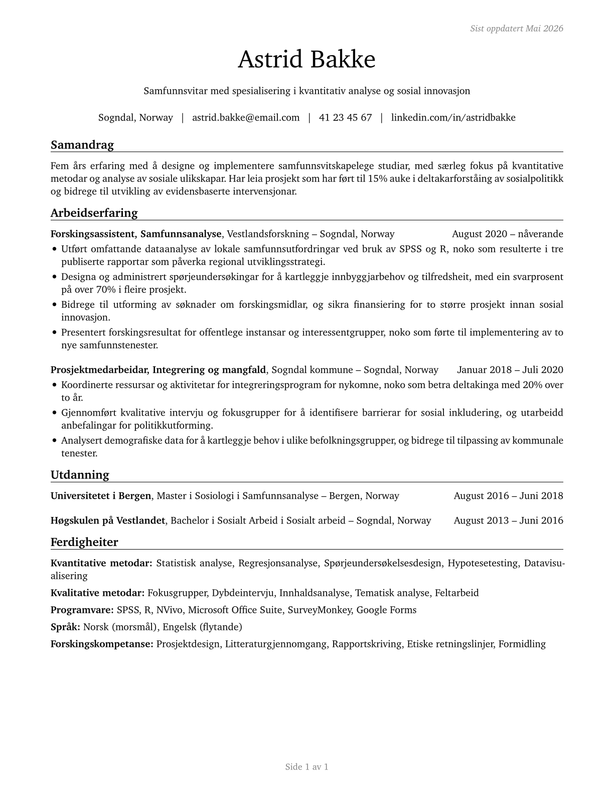 Social Scientists and Related Workers, All Other CV in Norwegian_nynorsk — page 1