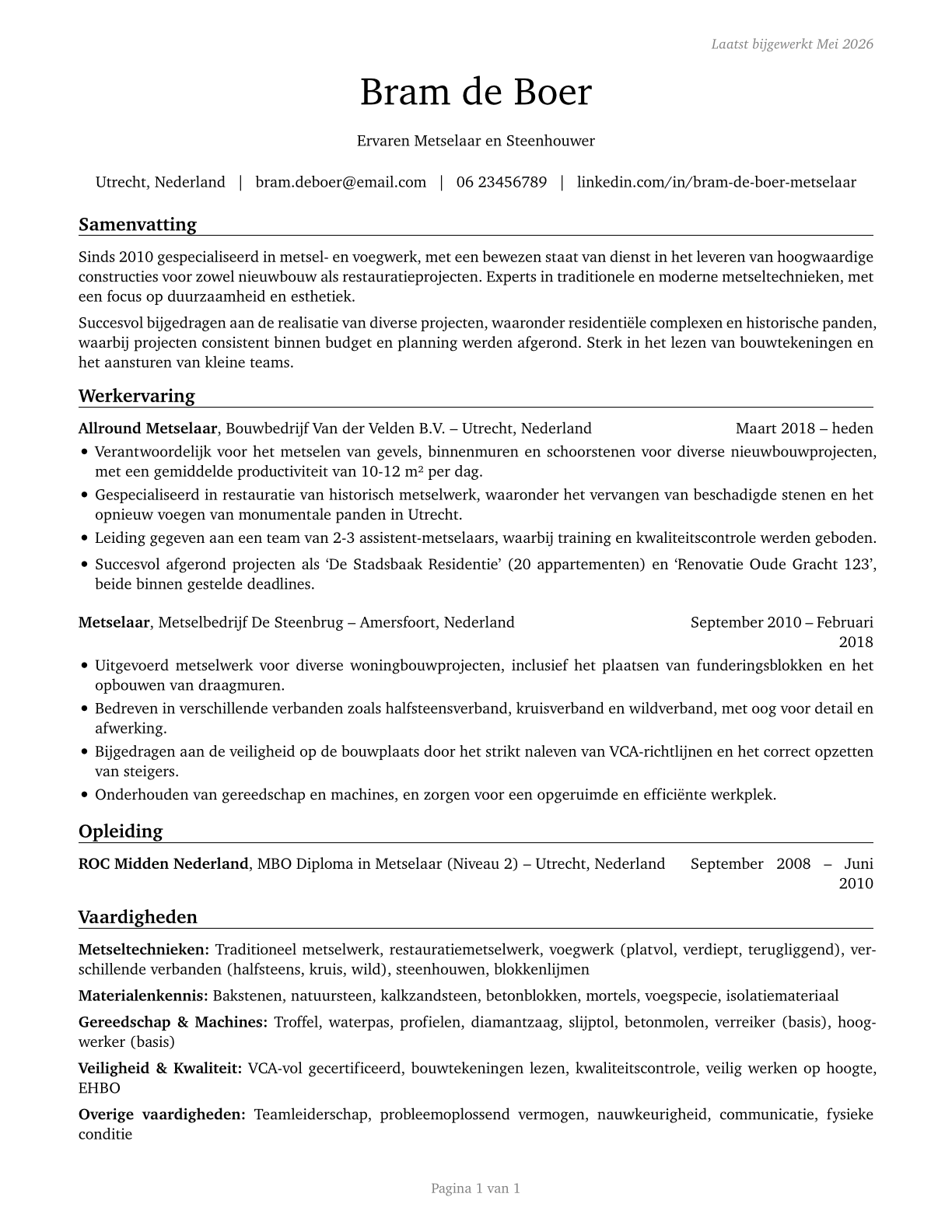 Brickmasons and Blockmasons CV in Dutch — page 1