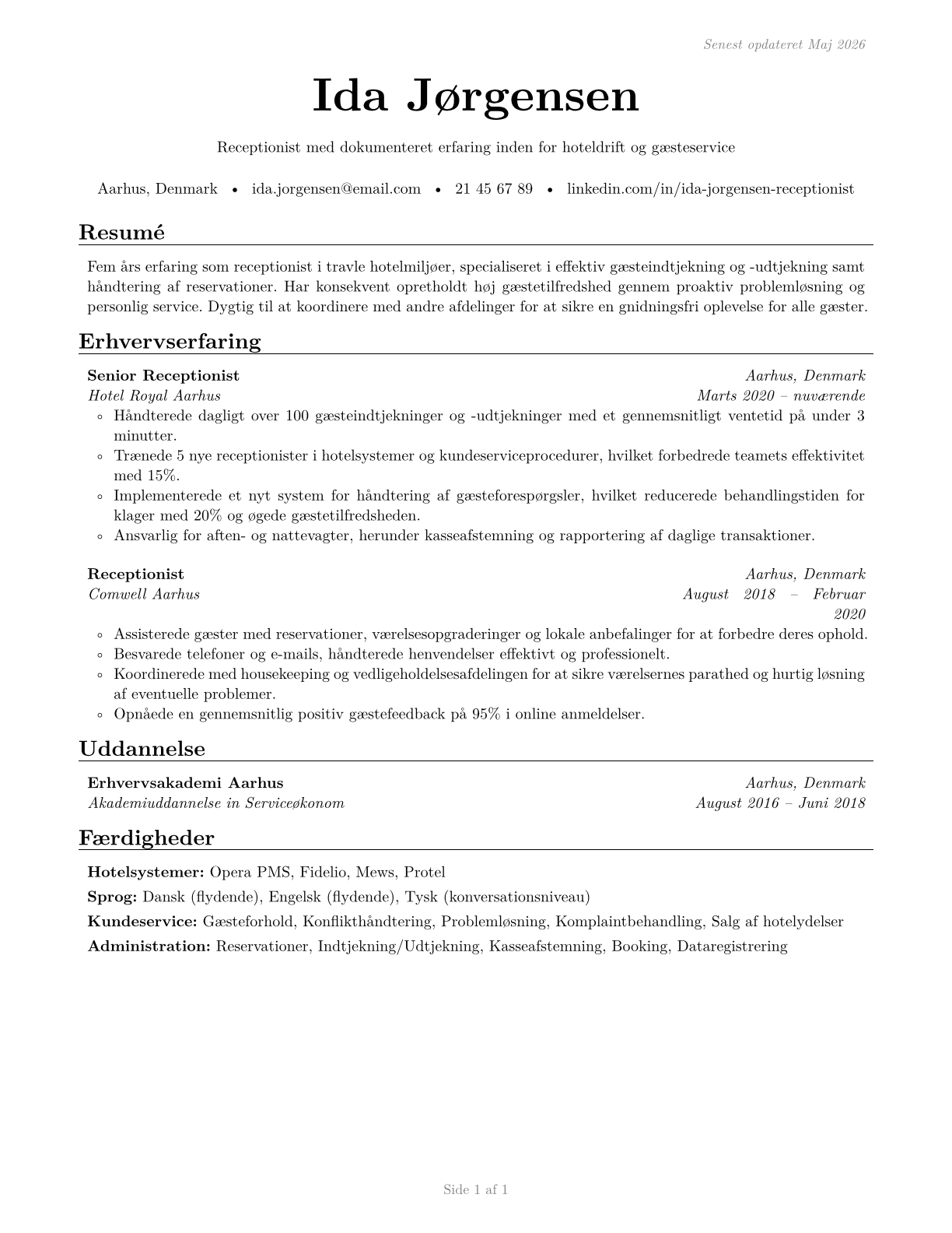 Hotel, Motel, and Resort Desk Clerks CV in Danish — page 1
