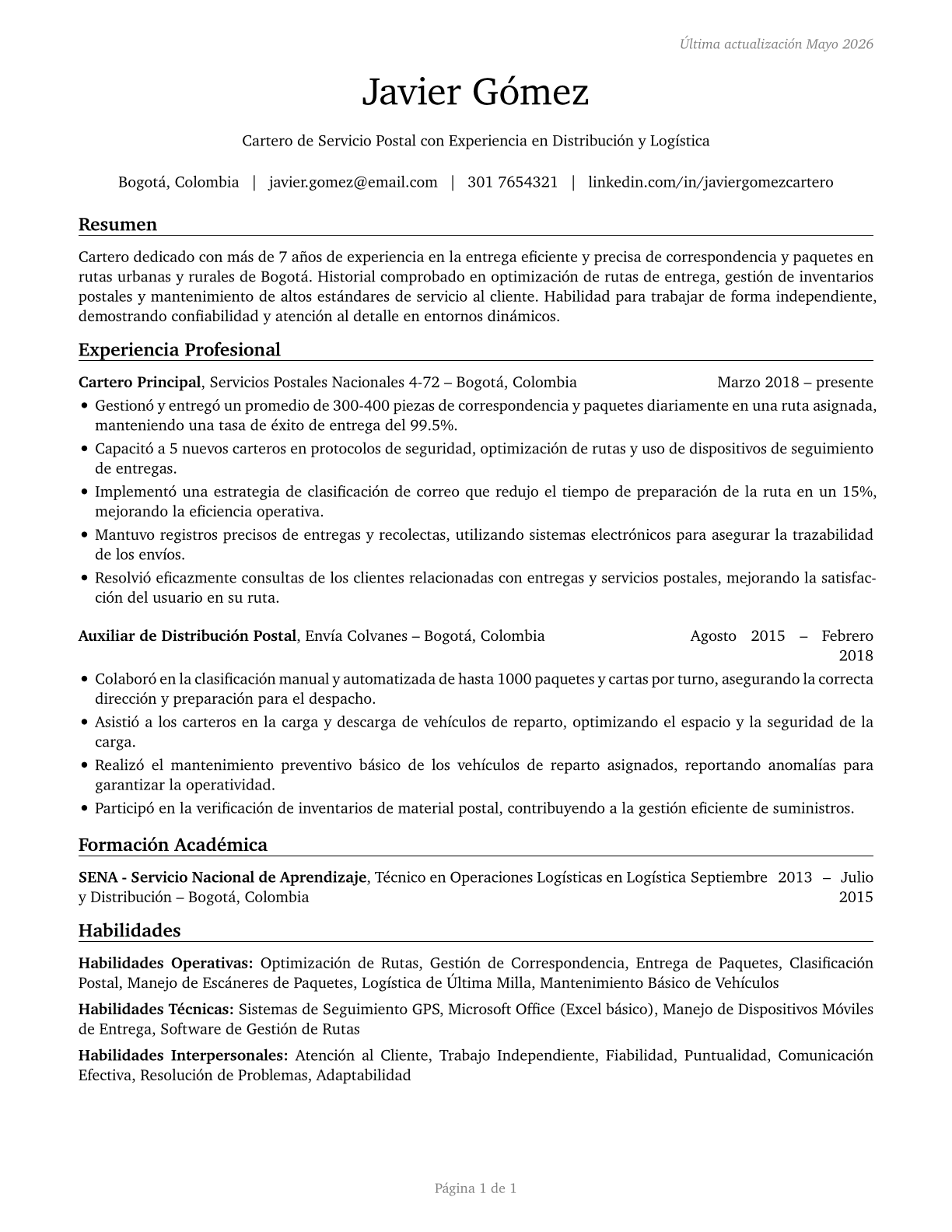 Postal Service Mail Carriers CV in Spanish — page 1