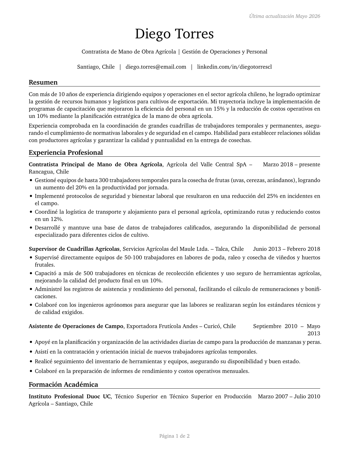 Farm Labor Contractors CV in Spanish — page 1