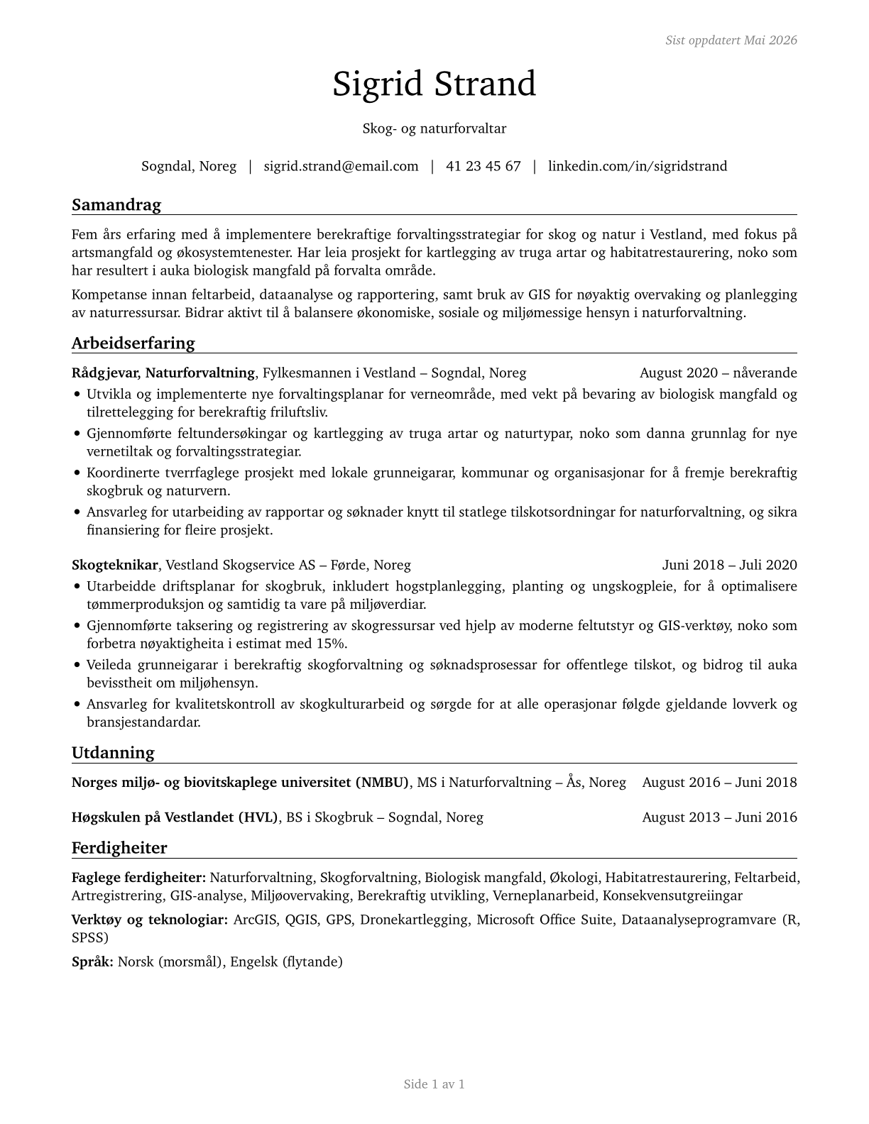 Forest and Conservation Technicians CV in Norwegian_nynorsk — page 1
