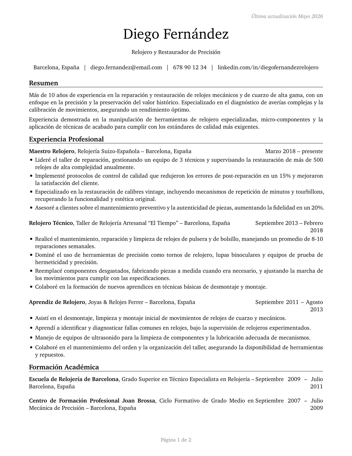 Watch and Clock Repairers CV in Spanish — page 1