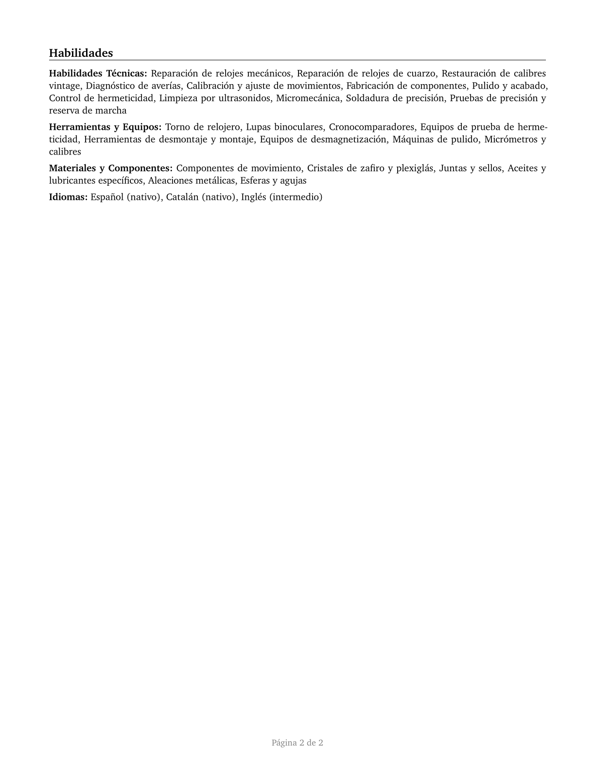 Watch and Clock Repairers CV in Spanish — page 2
