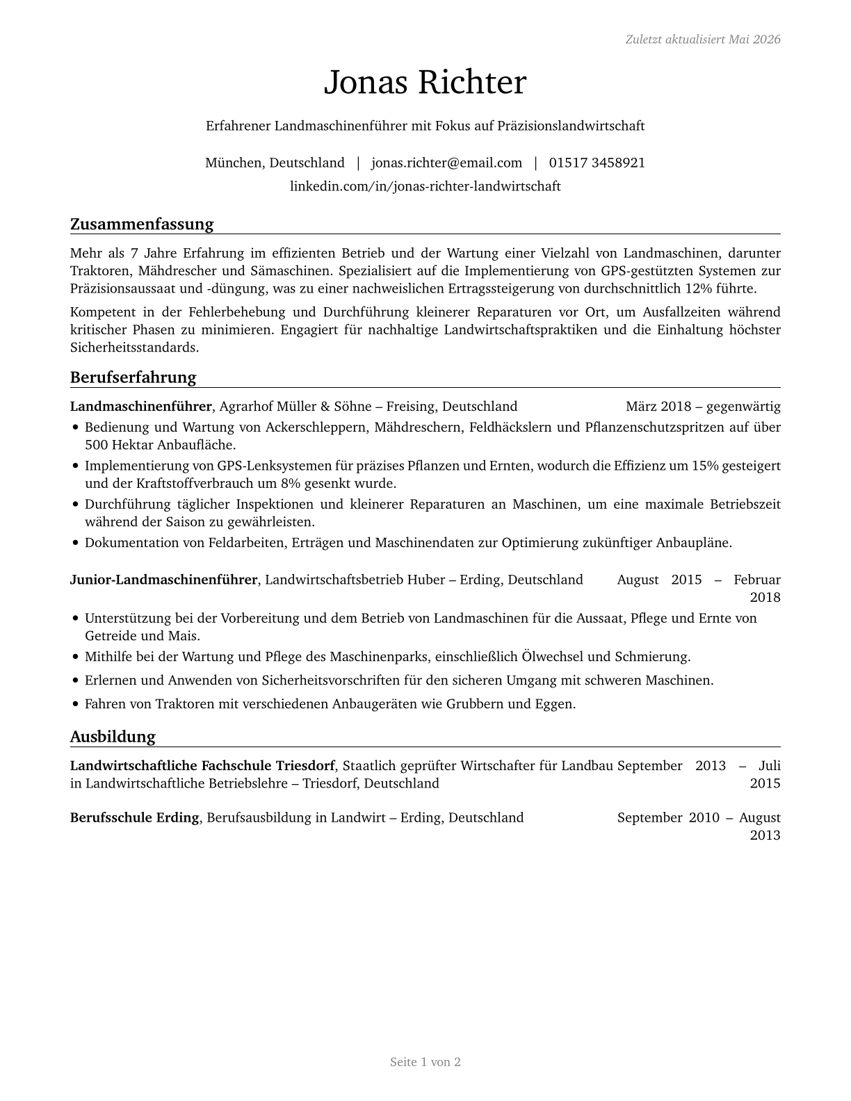 Agricultural Equipment Operators CV in German — page 1