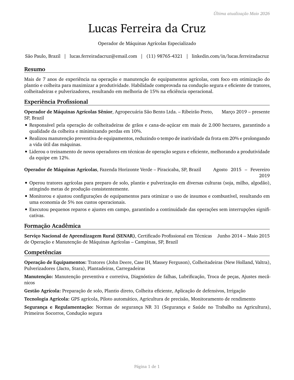 Agricultural Equipment Operators CV in Portuguese — page 1