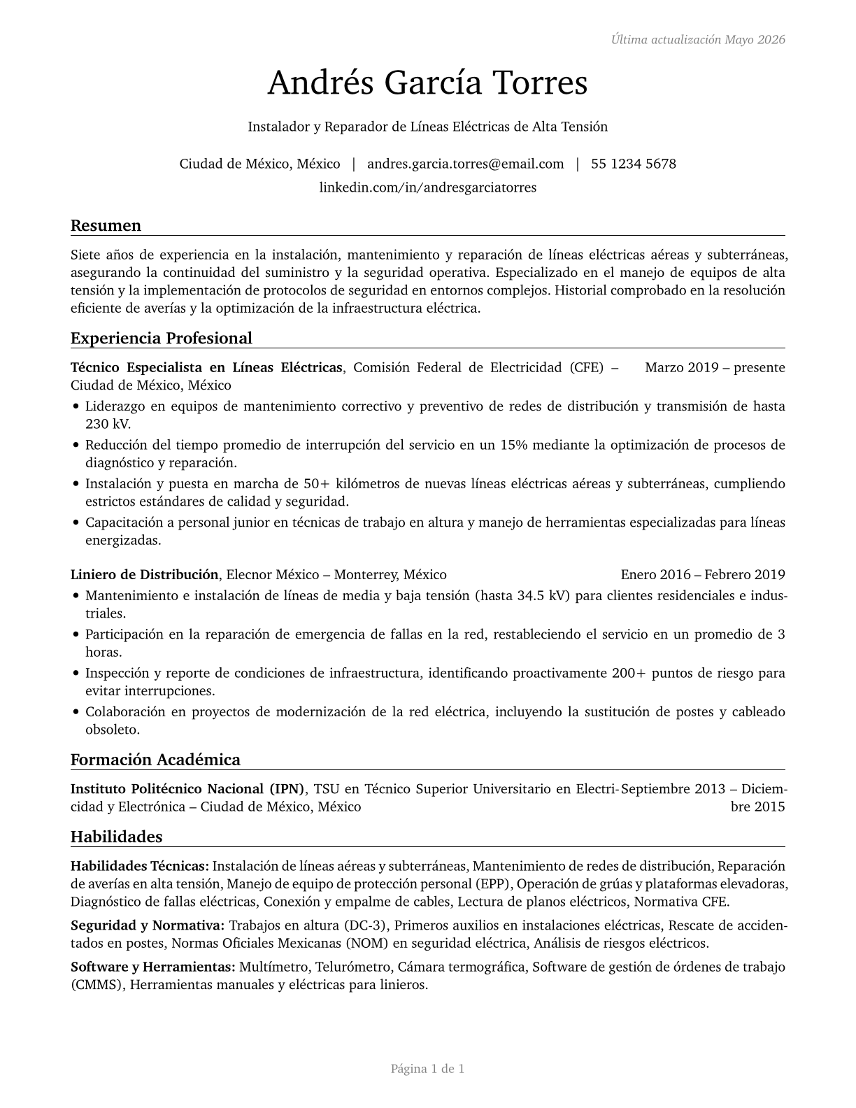 Electrical Power-Line Installers and Repairers CV in Spanish — page 1
