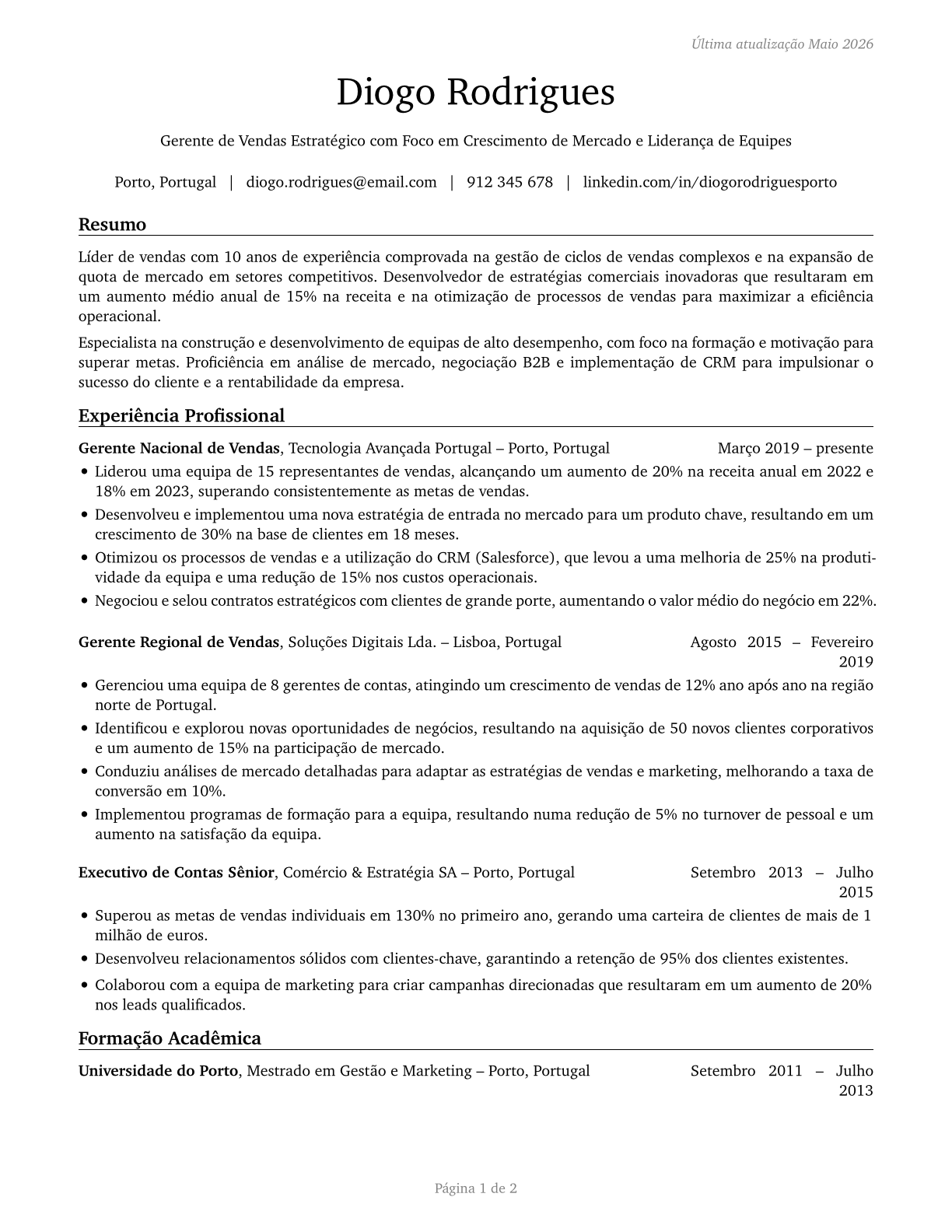 Sales Managers CV in Portuguese — page 1