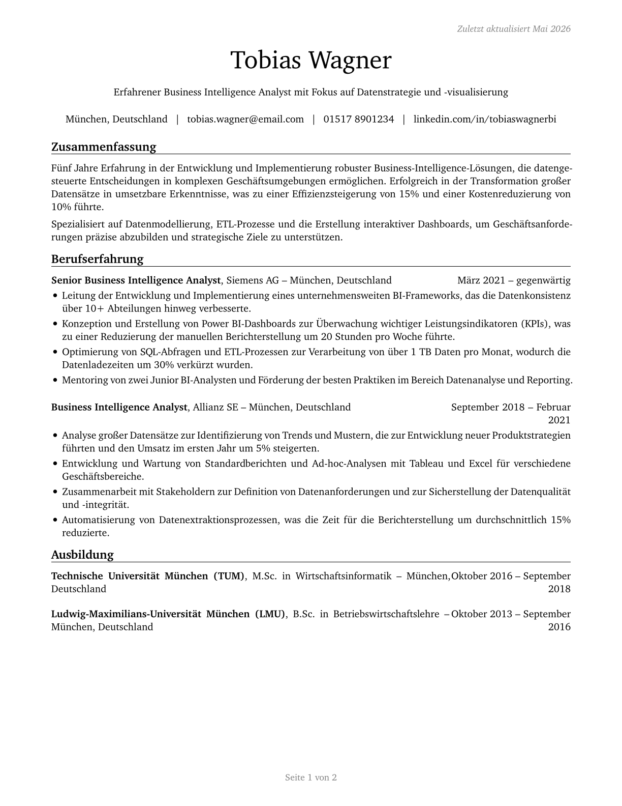 Business Intelligence Analysts CV in German — page 1