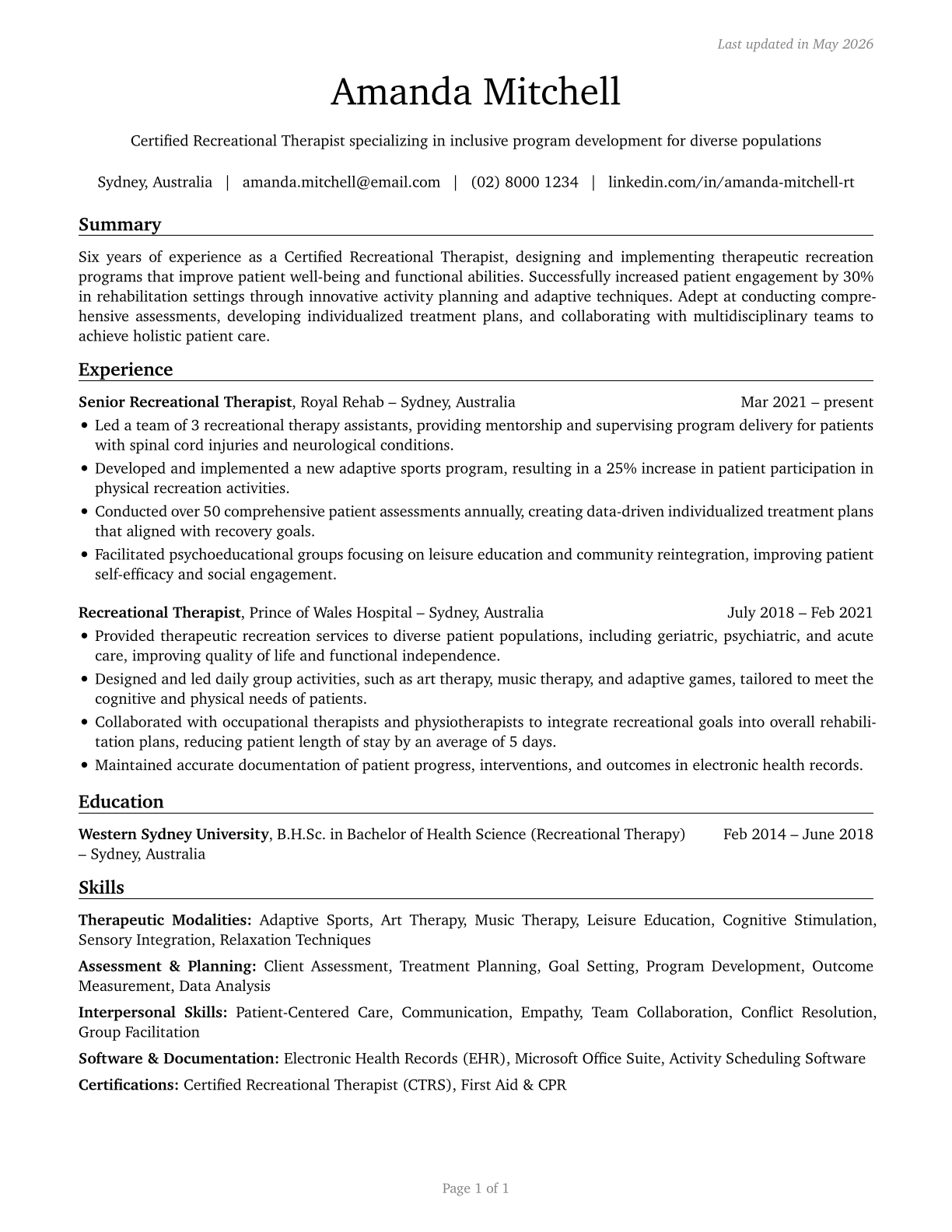 Recreational Therapists CV in English — page 1