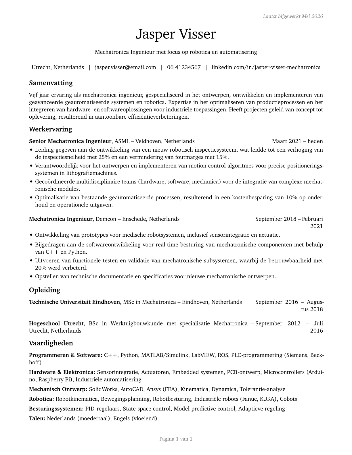 Mechatronics Engineers CV in Dutch — page 1