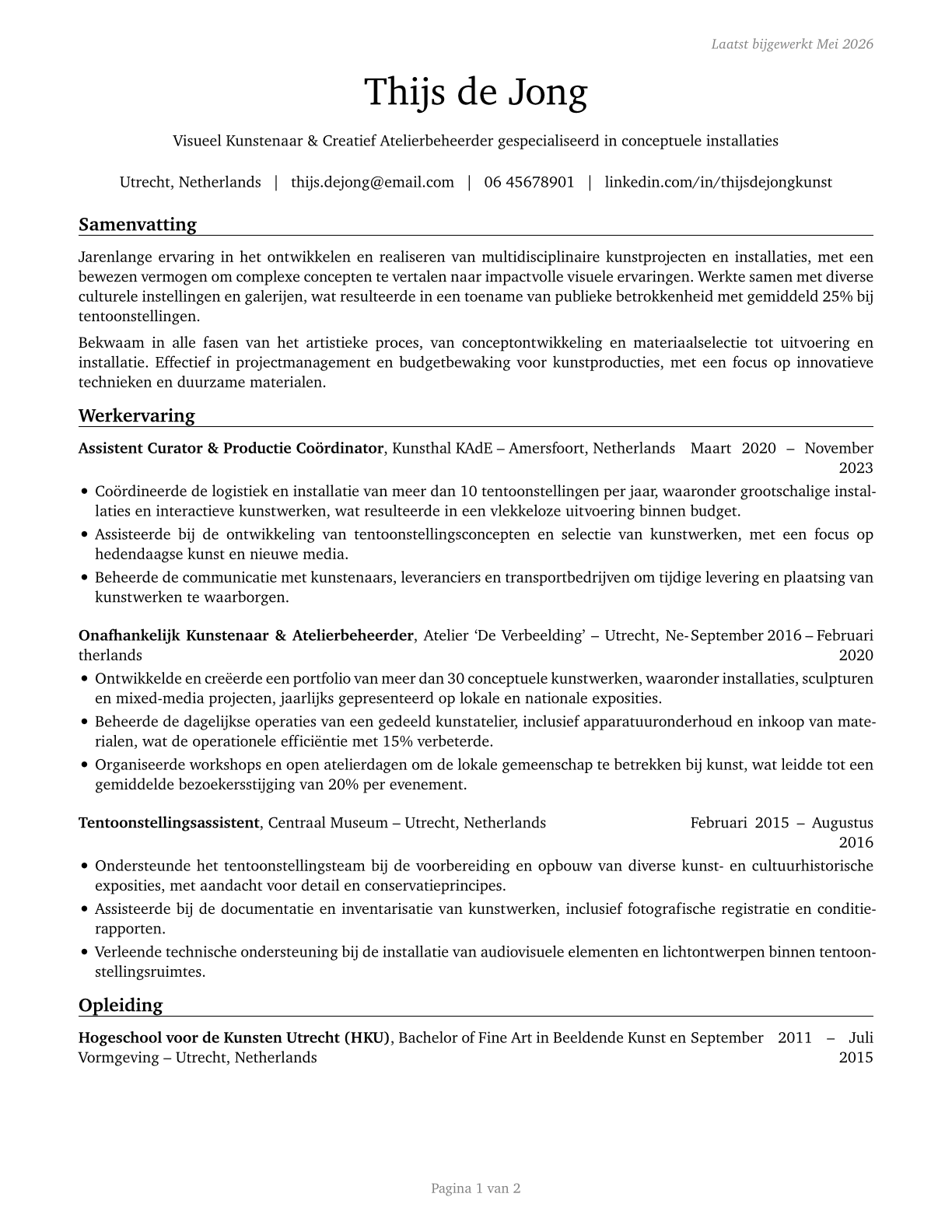 Artists and Related Workers, All Other CV in Dutch — page 1