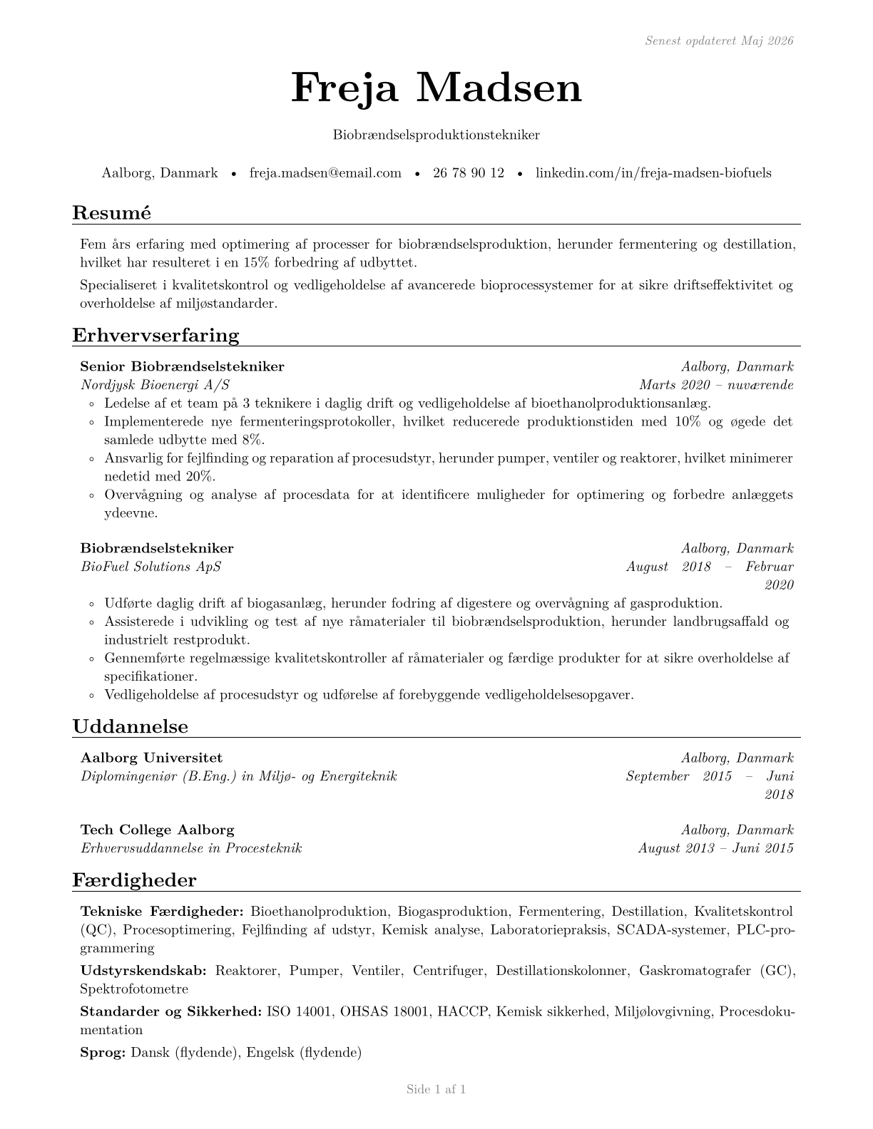 Biofuels Processing Technicians CV in Danish — page 1