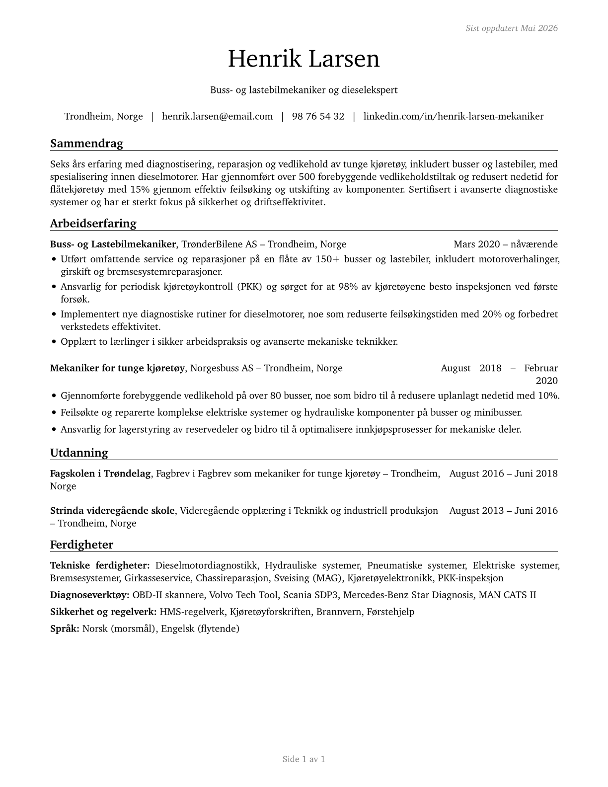 Bus and Truck Mechanics and Diesel Engine Specialists CV in Norwegian_bokmal — page 1