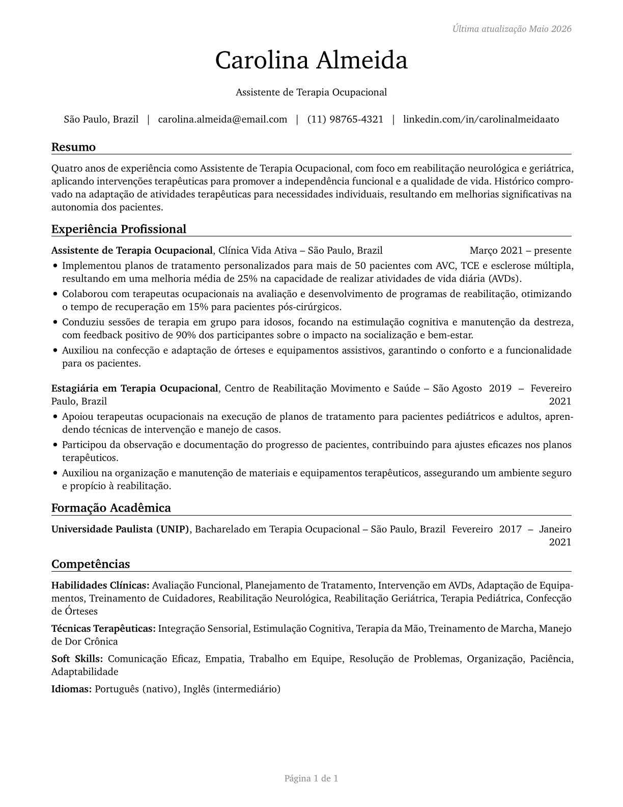 Occupational Therapy Assistants CV in Portuguese — page 1