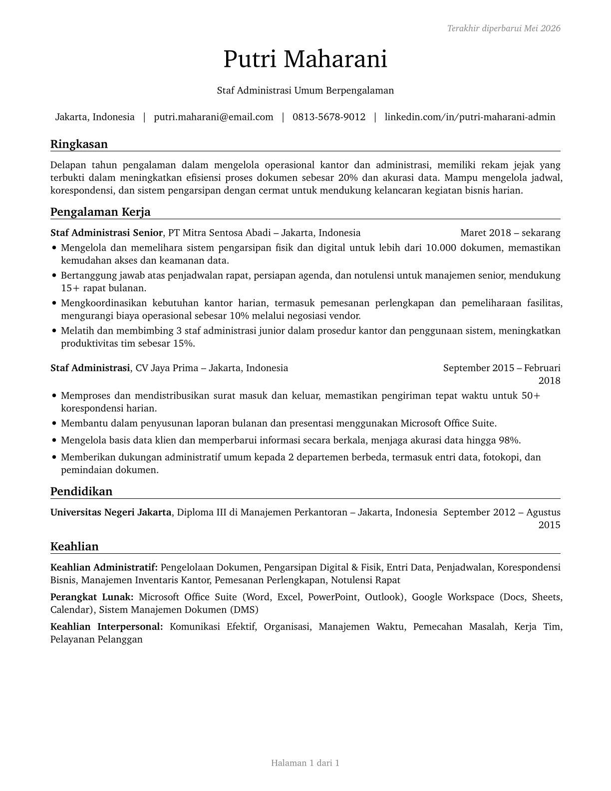Office Clerks, General CV in Indonesian — page 1