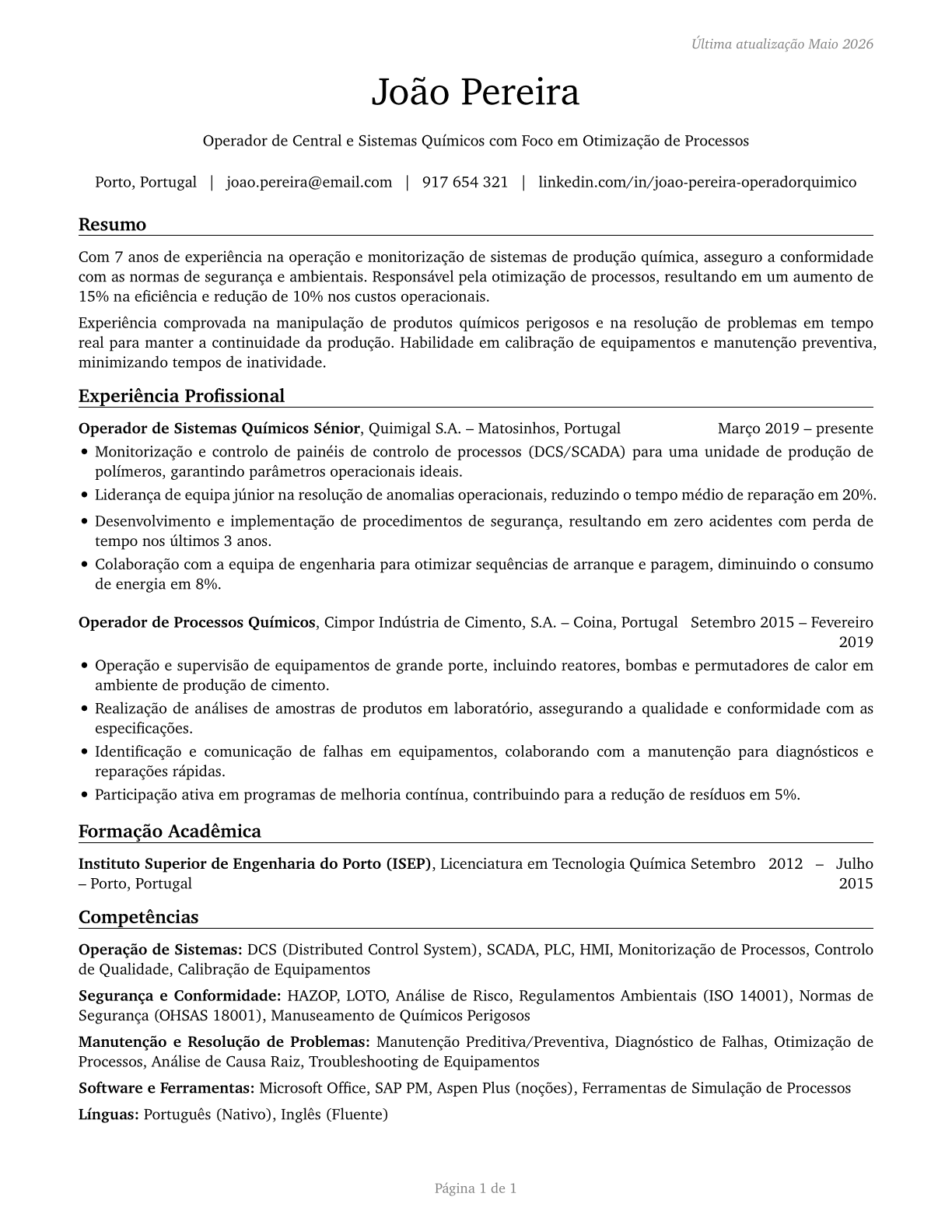 Chemical Plant and System Operators CV in Portuguese — page 1