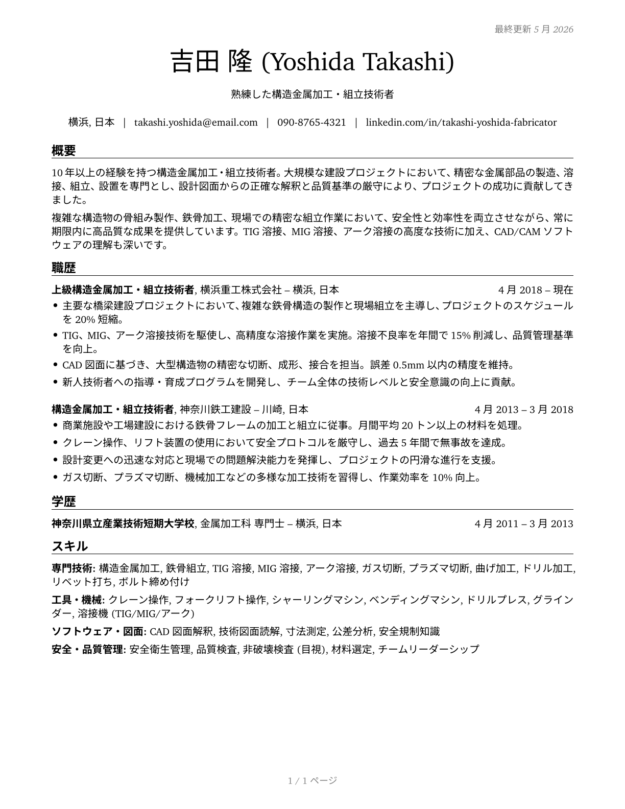 Structural Metal Fabricators and Fitters CV in Japanese — page 1