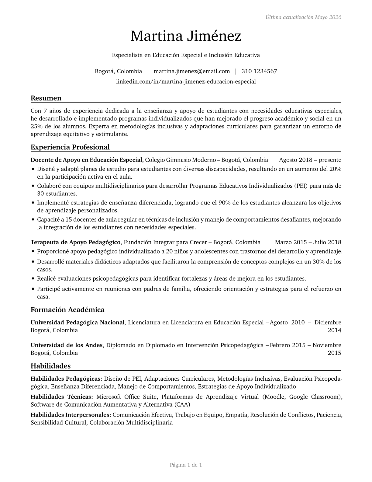 Special Education Teachers, All Other CV in Spanish — page 1