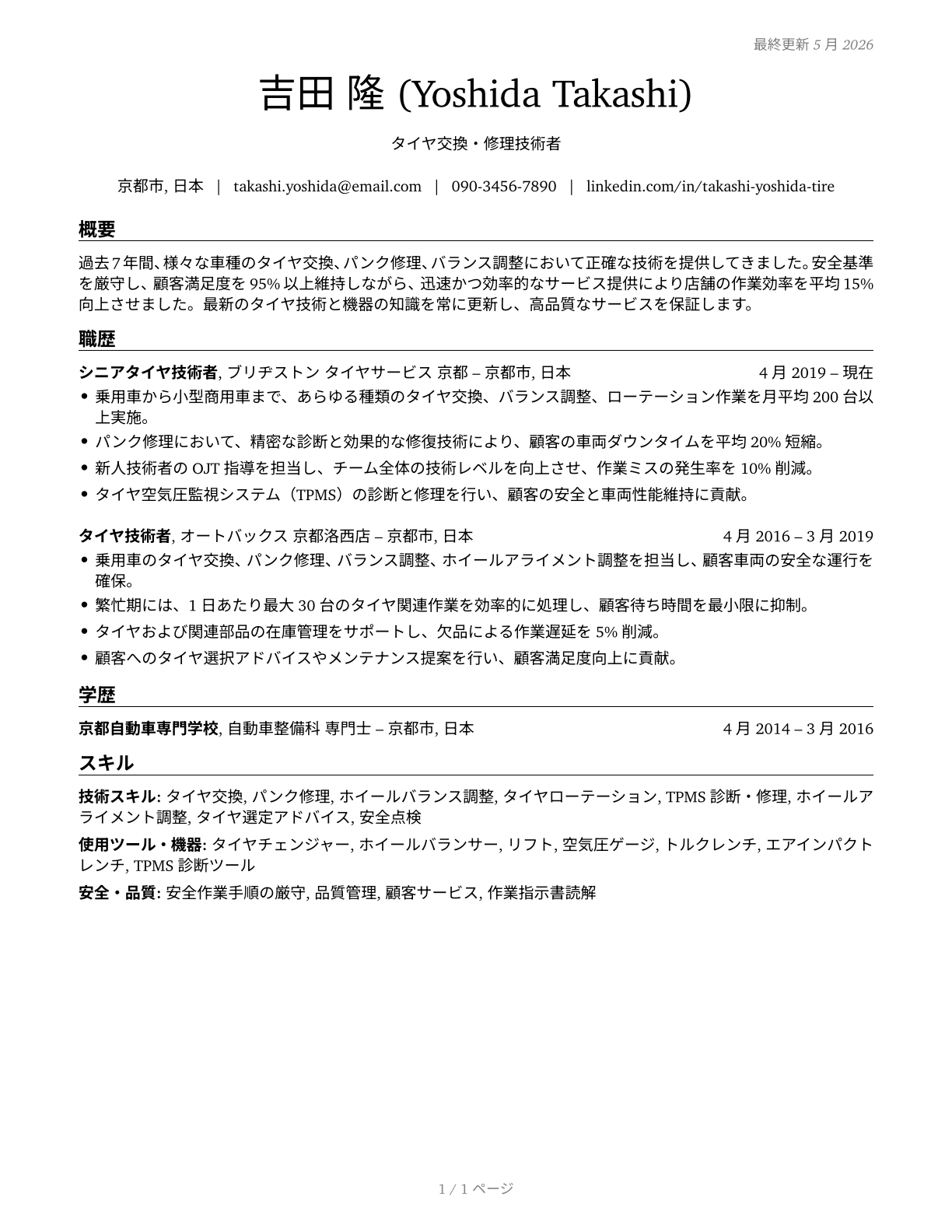Tire Repairers and Changers CV in Japanese — page 1