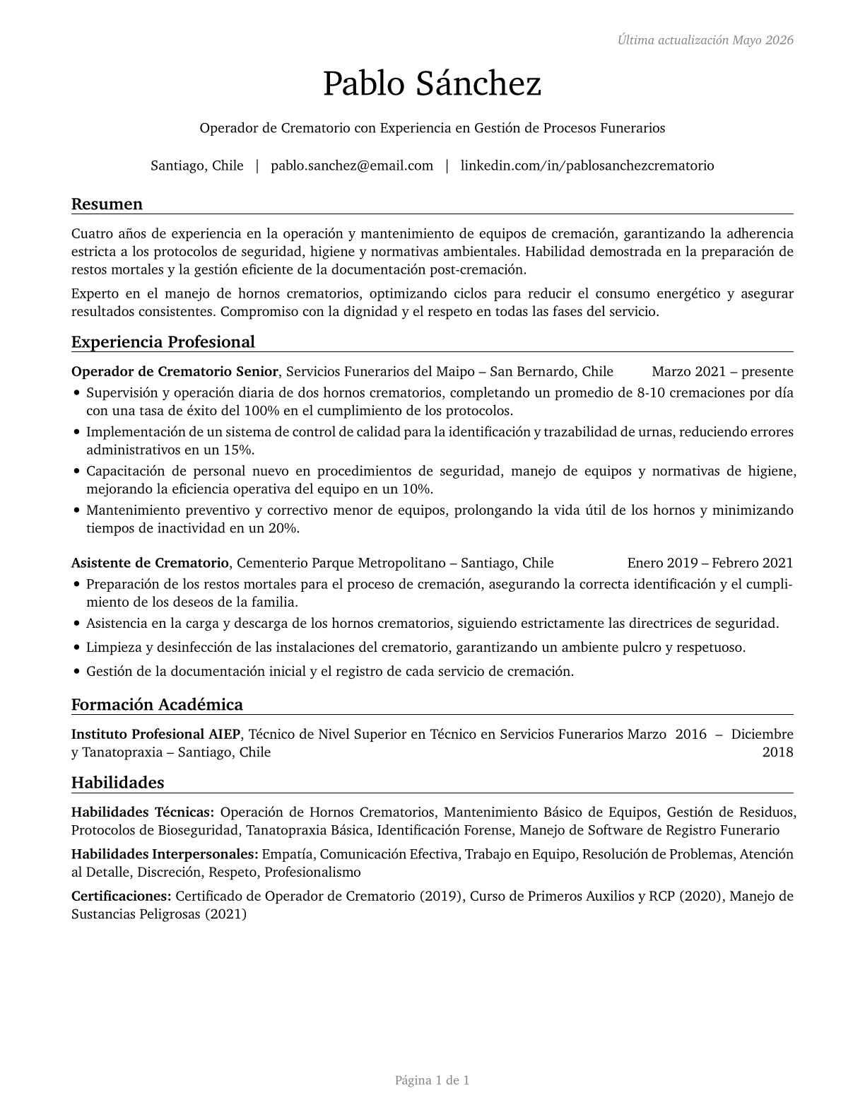 Crematory Operators CV in Spanish — page 1