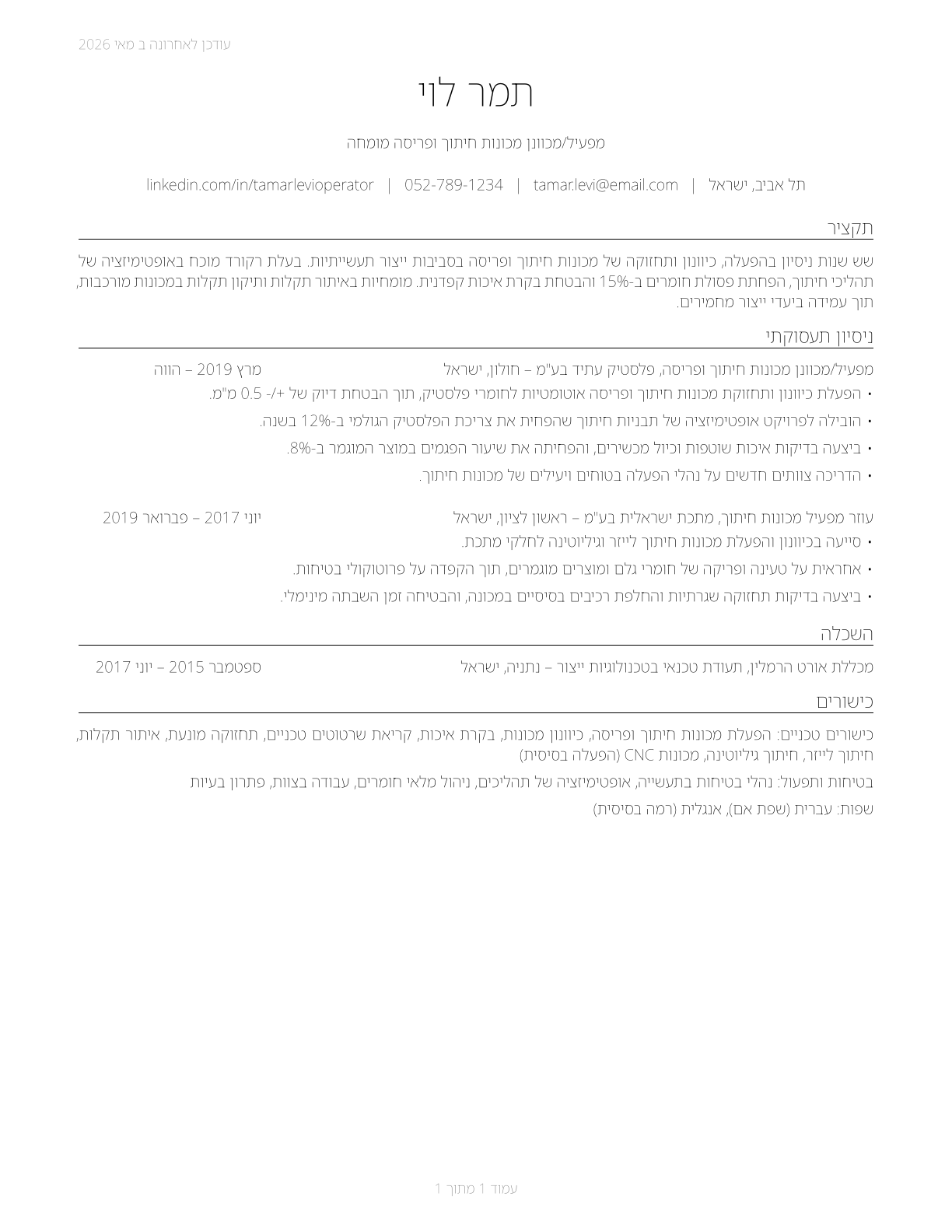 Cutting and Slicing Machine Setters, Operators, and Tenders CV in Hebrew — page 1