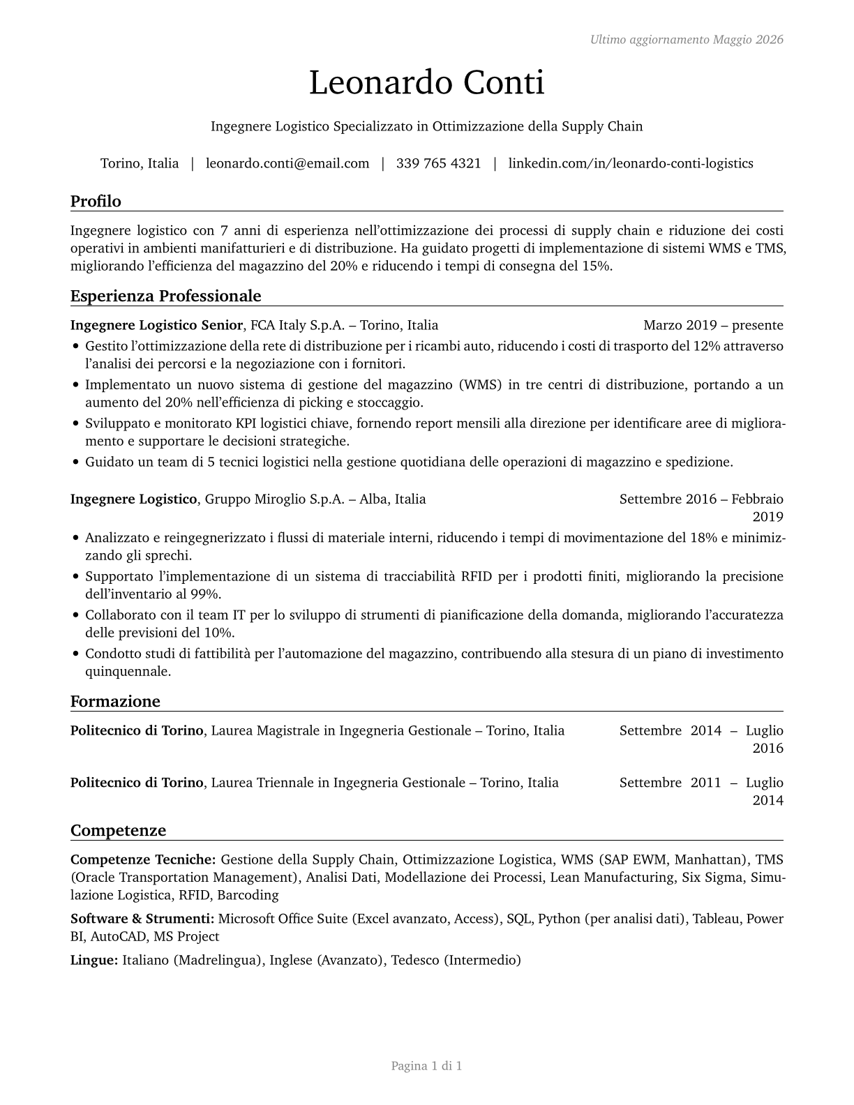 Logistics Engineers CV in Italian — page 1