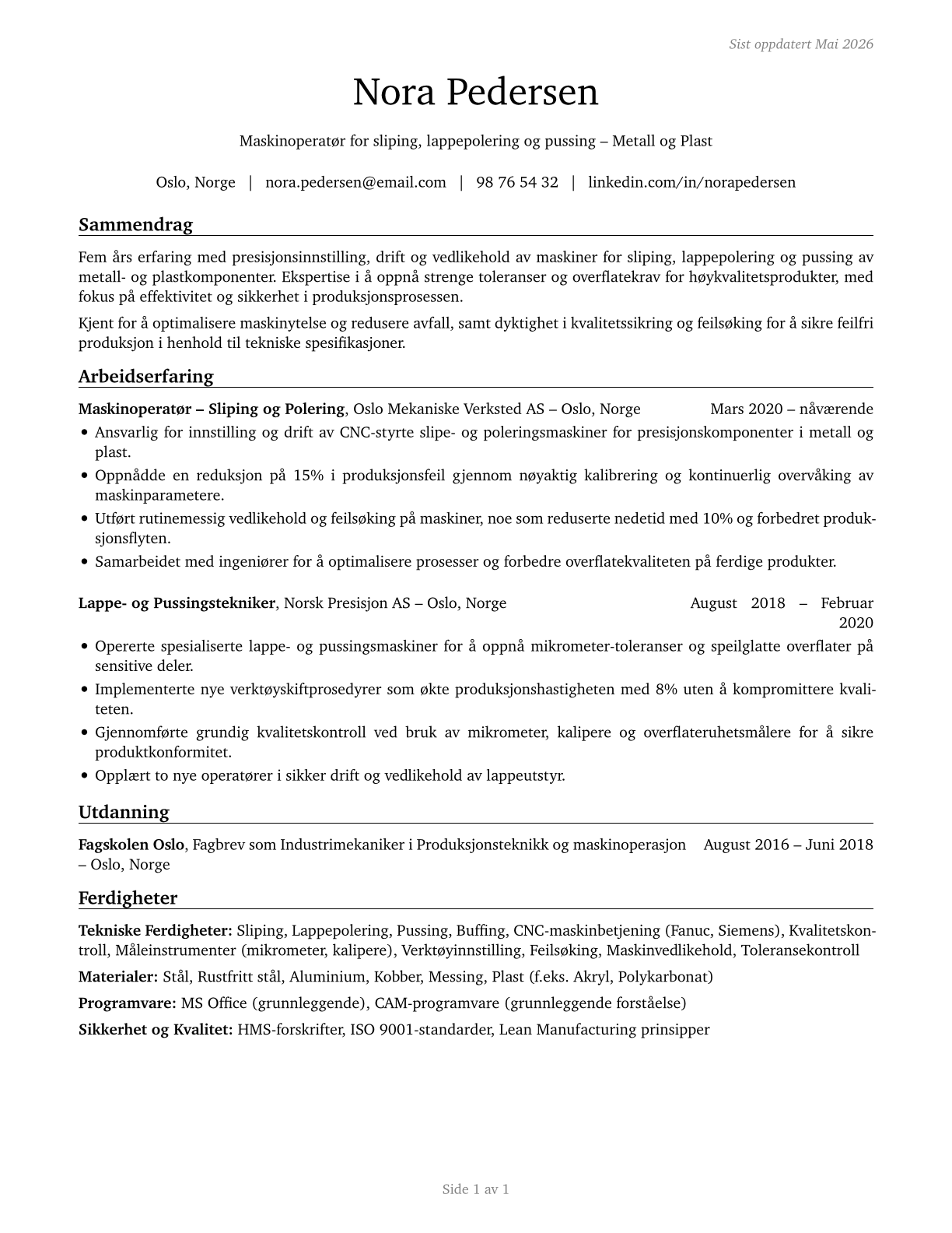 Grinding, Lapping, Polishing, and Buffing Machine Tool Setters, Operators, and Tenders, Metal and Plastic CV in Norwegian_bokmal — page 1