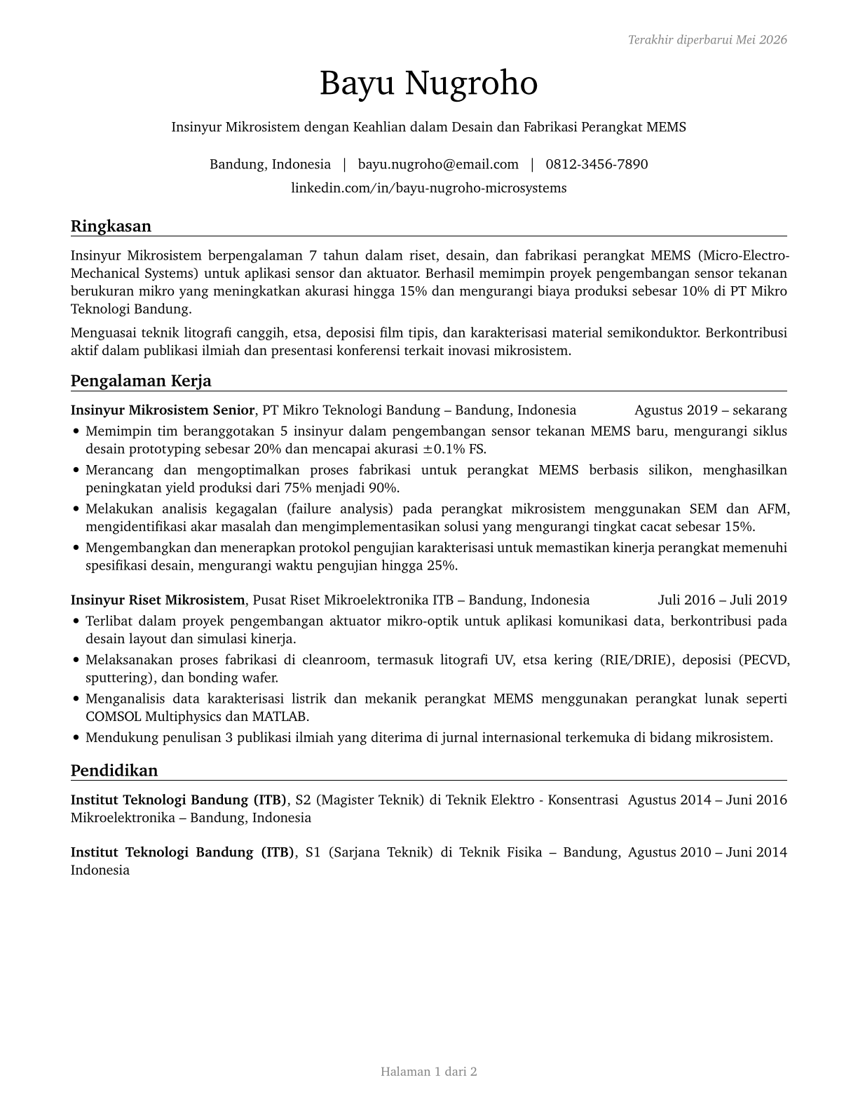 Microsystems Engineers CV in Indonesian — page 1