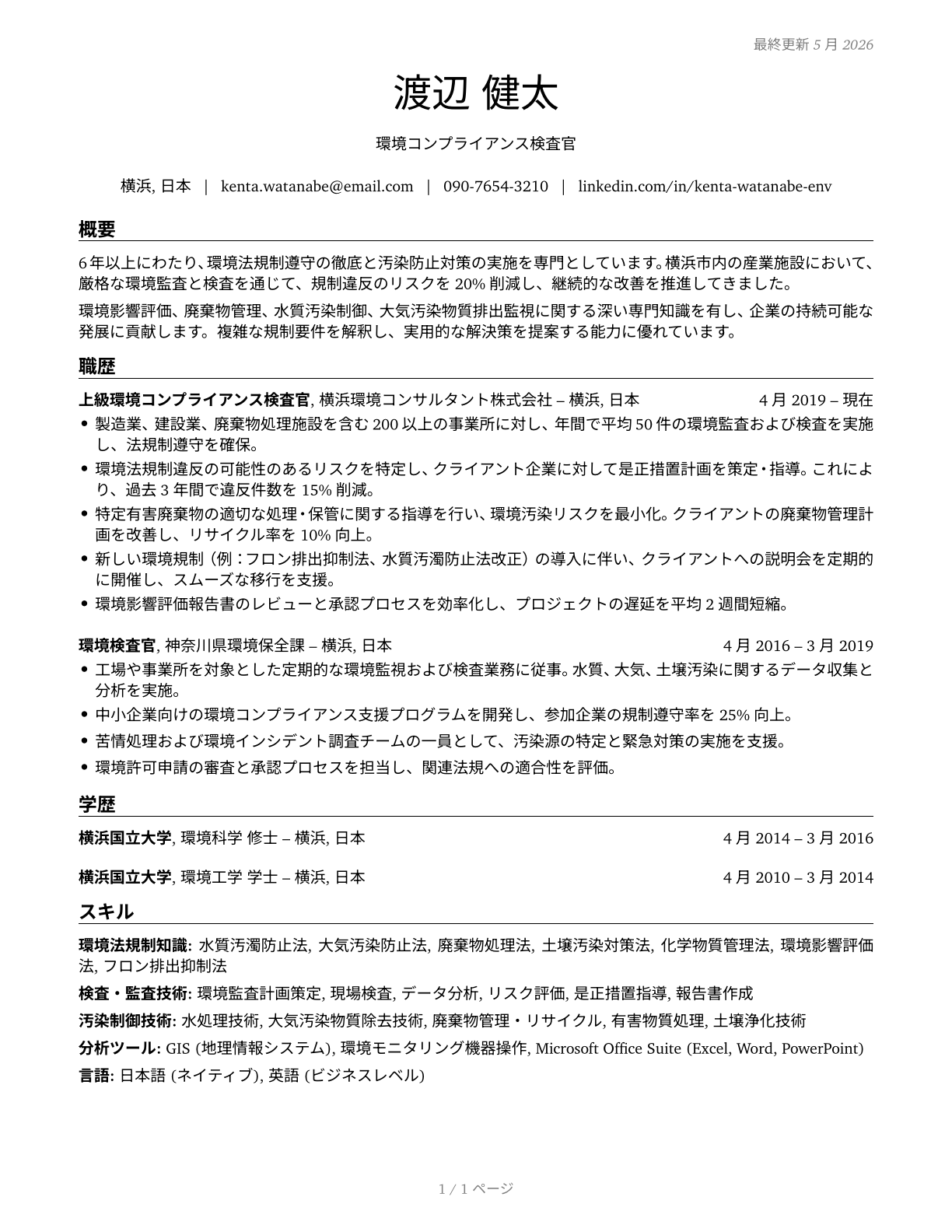 Environmental Compliance Inspectors CV in Japanese — page 1