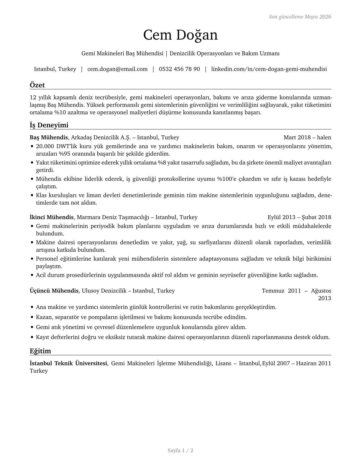 Ship Engineers CV in Turkish — page 1