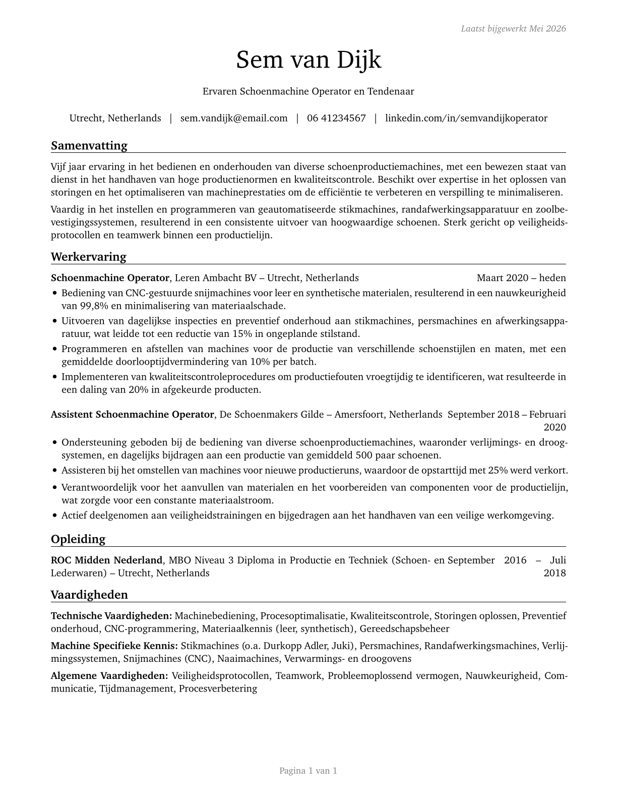 Shoe Machine Operators and Tenders CV in Dutch — page 1
