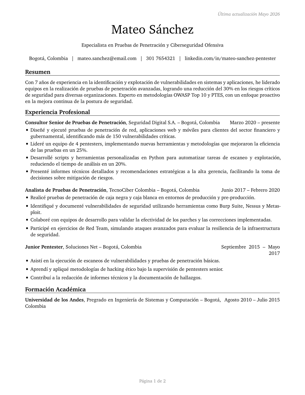 Penetration Testers CV in Spanish — page 1