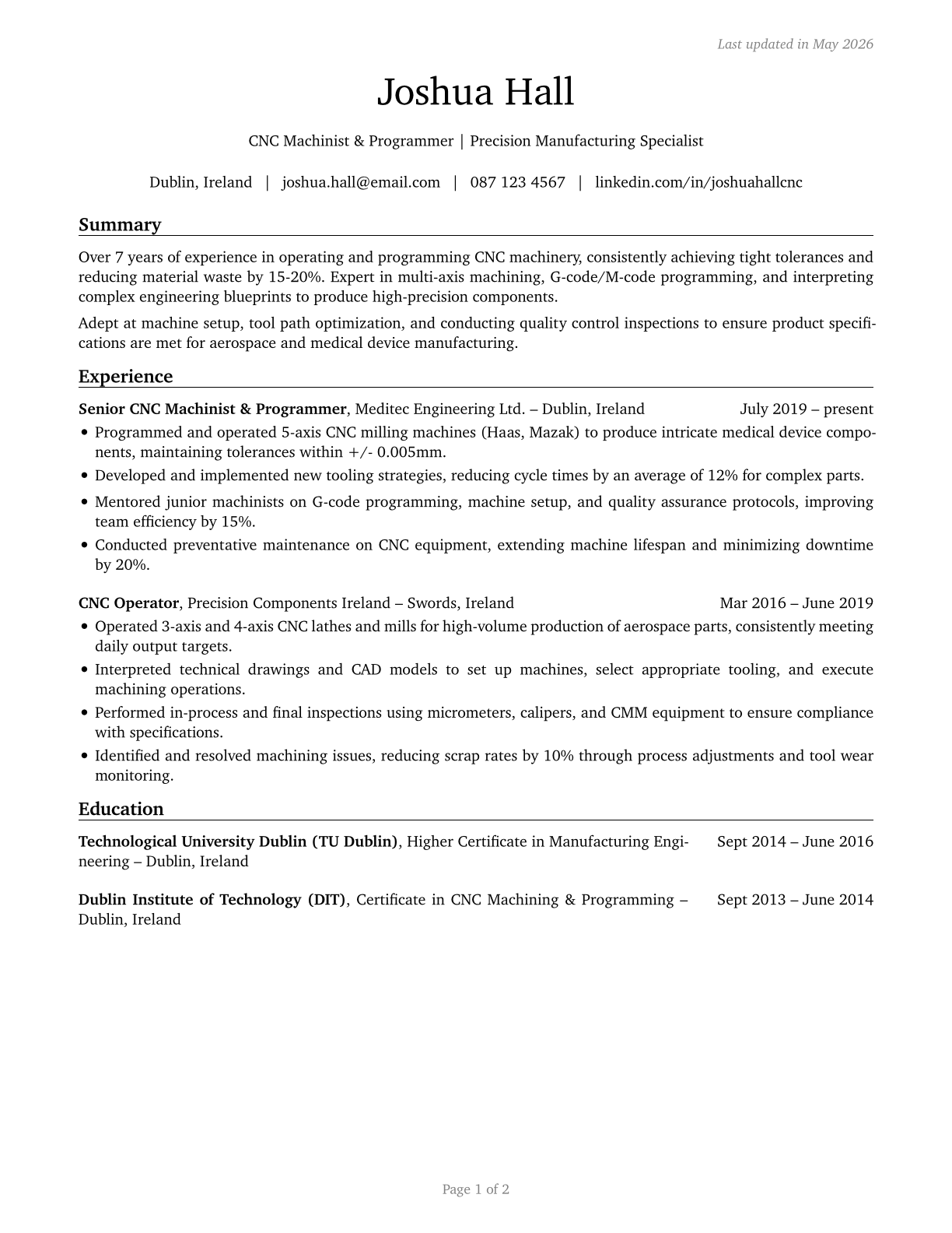 Computer Numerically Controlled Tool Operators CV in English — page 1