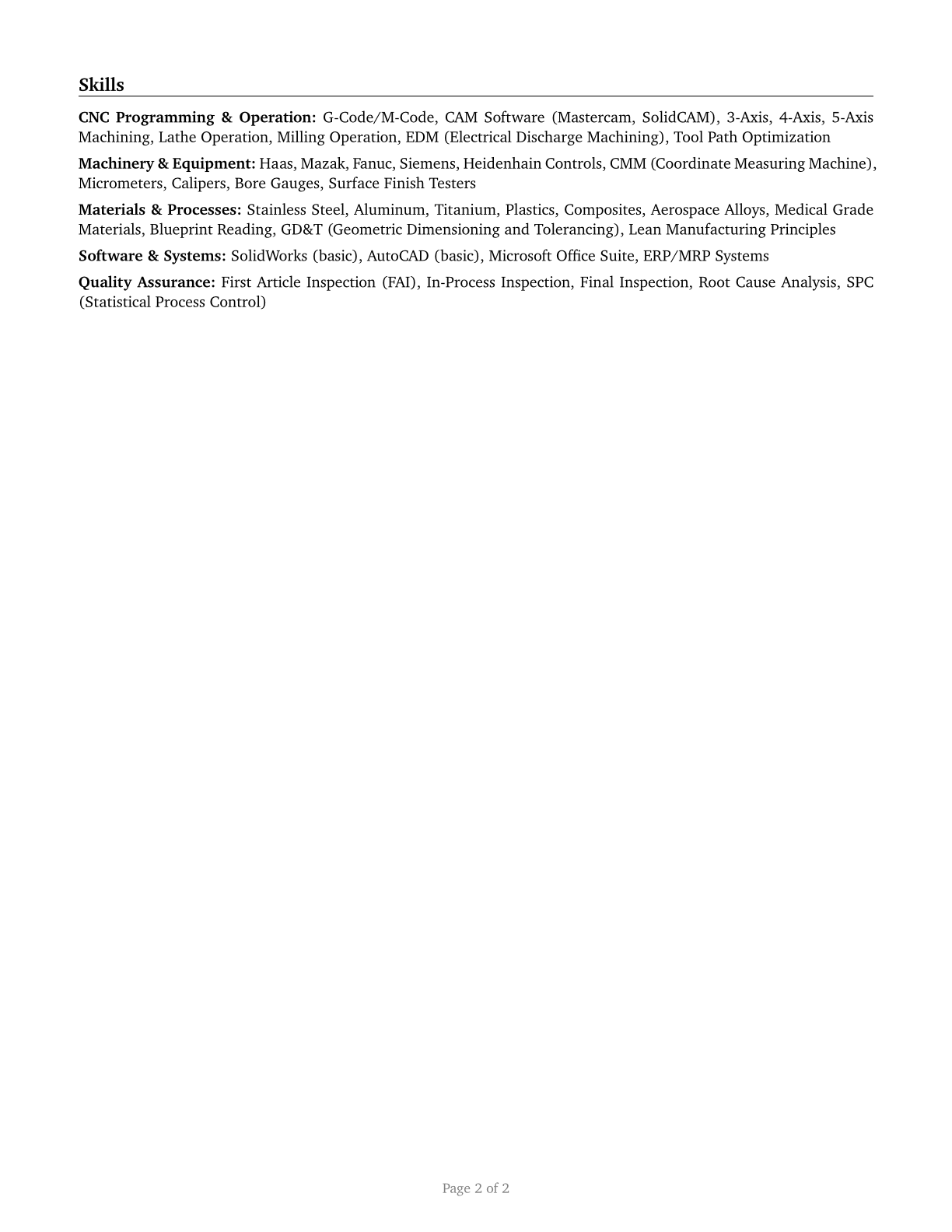 Computer Numerically Controlled Tool Operators CV in English — page 2