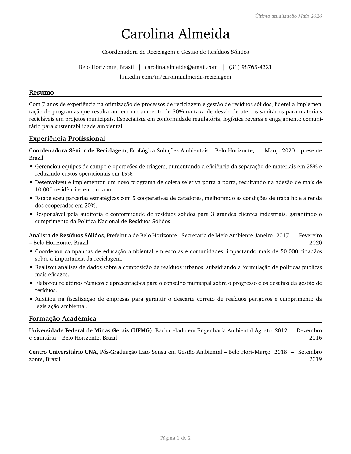 Recycling Coordinators CV in Portuguese — page 1