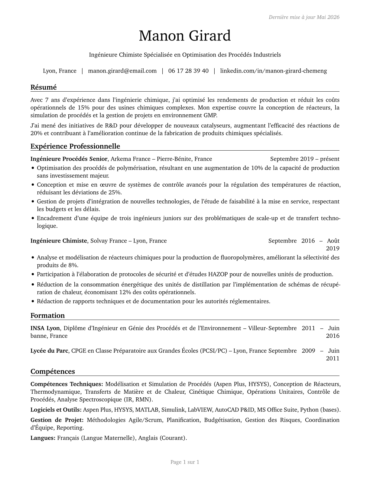 Chemical Engineers CV in French — page 1