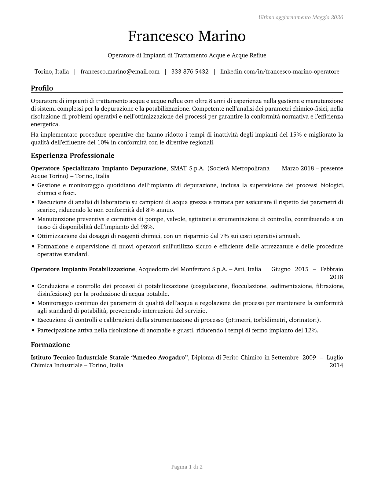 Water and Wastewater Treatment Plant and System Operators CV in Italian — page 1