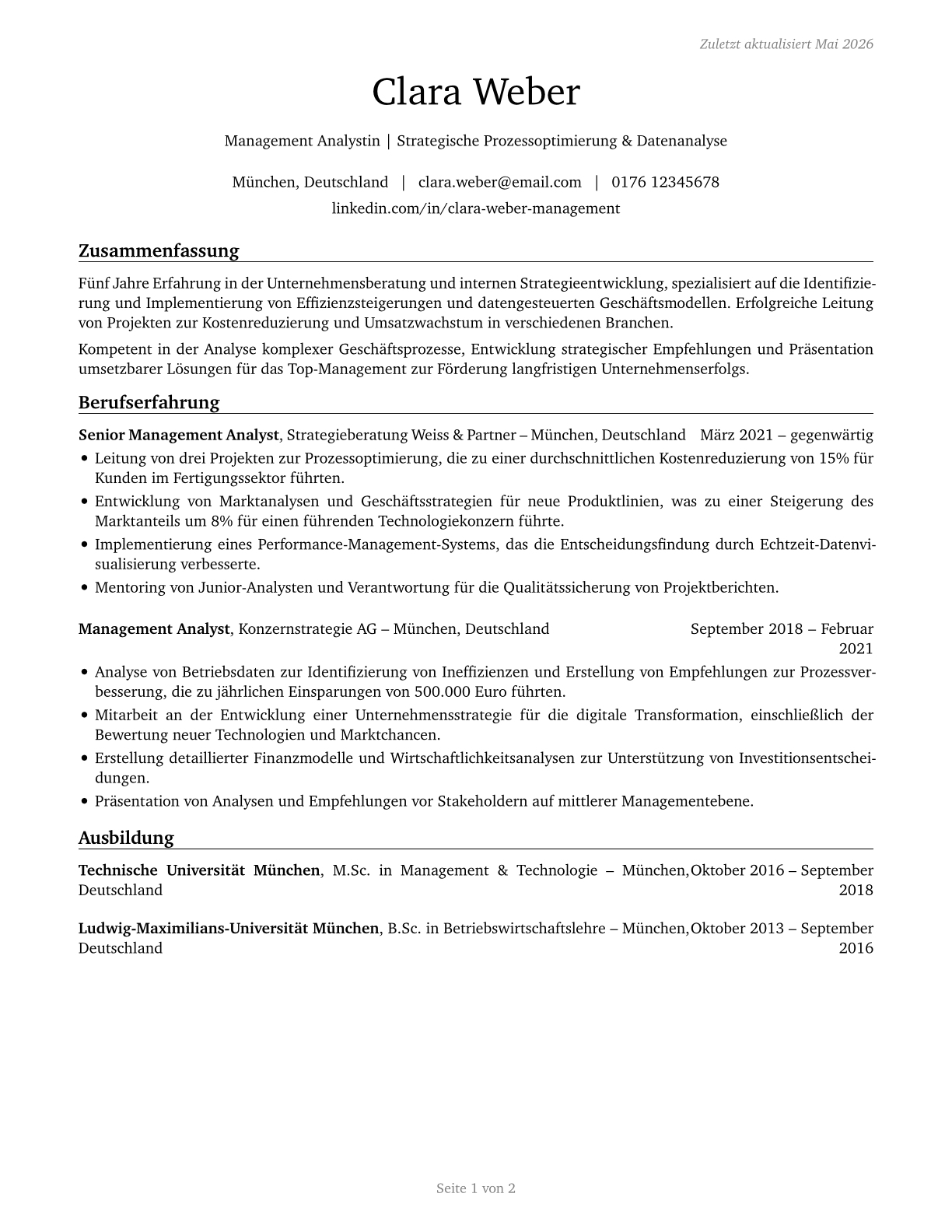 Management Analysts CV in German — page 1