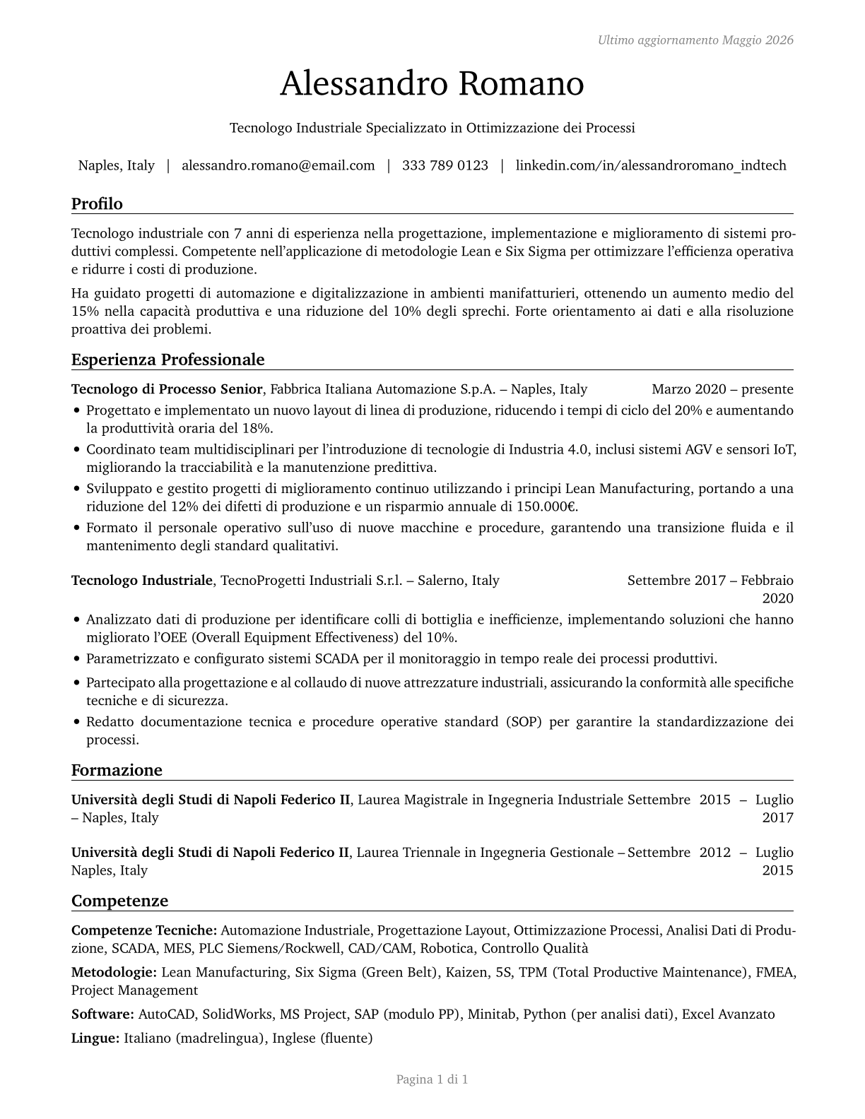 Industrial Engineering Technologists and Technicians CV in Italian — page 1