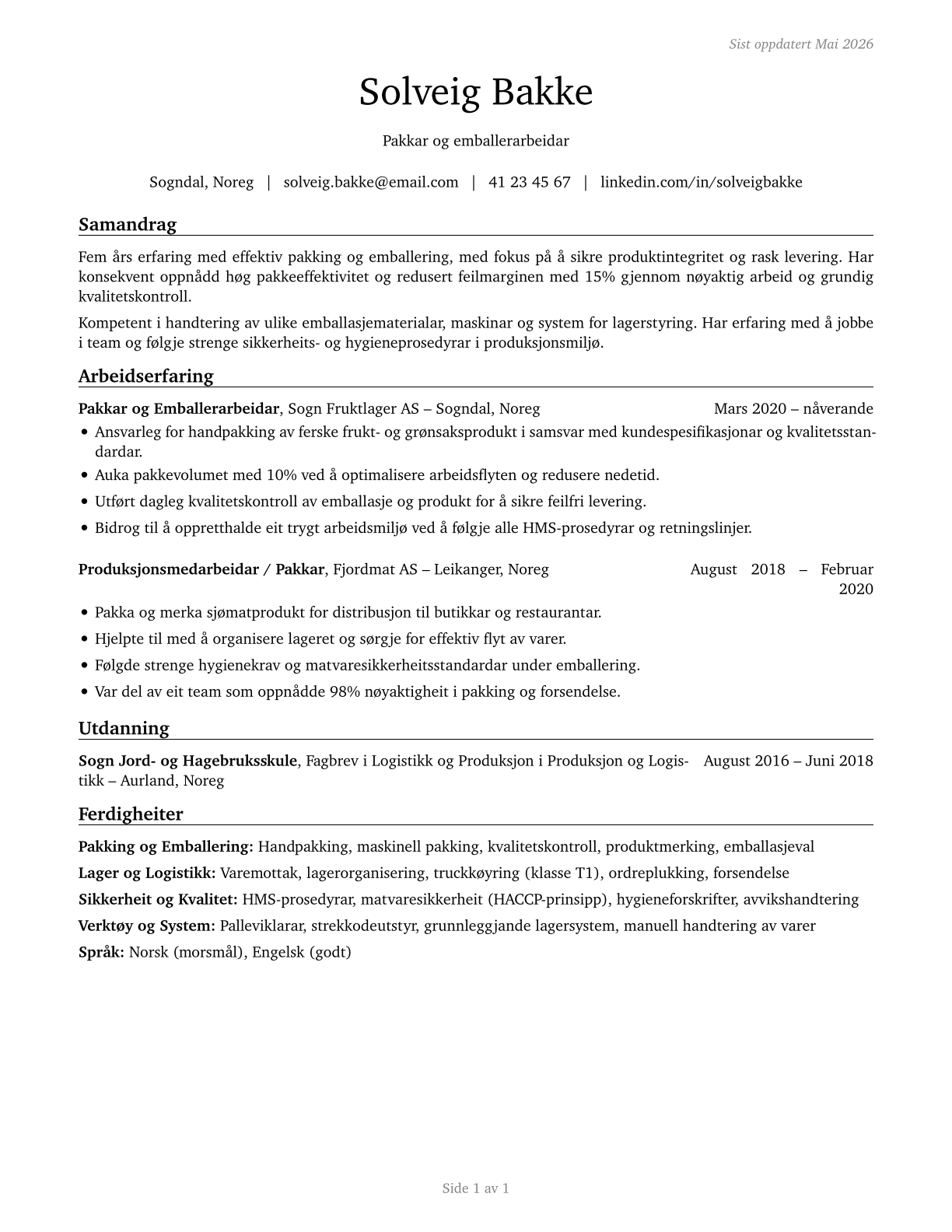 Packers and Packagers, Hand CV in Norwegian_nynorsk — page 1