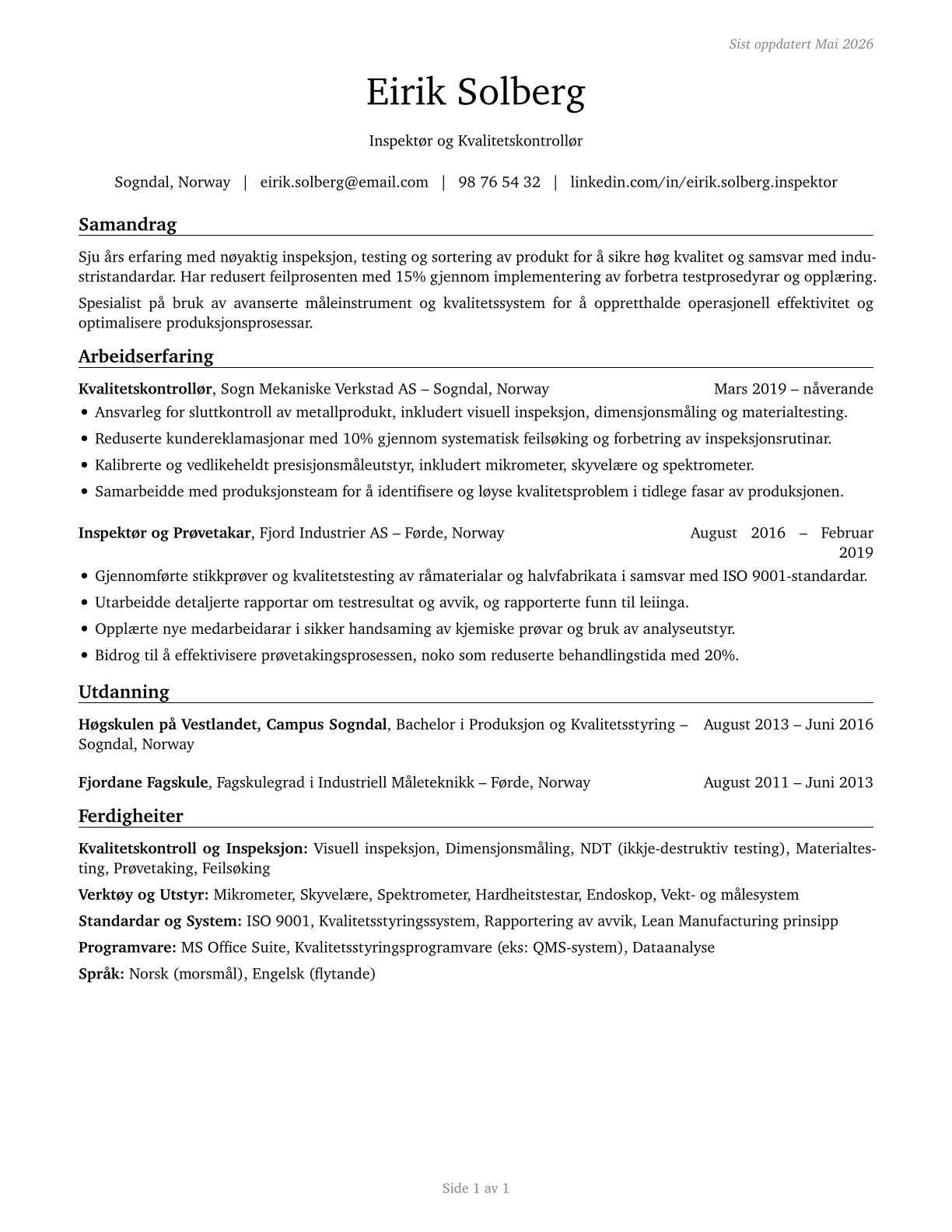 Inspectors, Testers, Sorters, Samplers, and Weighers CV in Norwegian_nynorsk — page 1