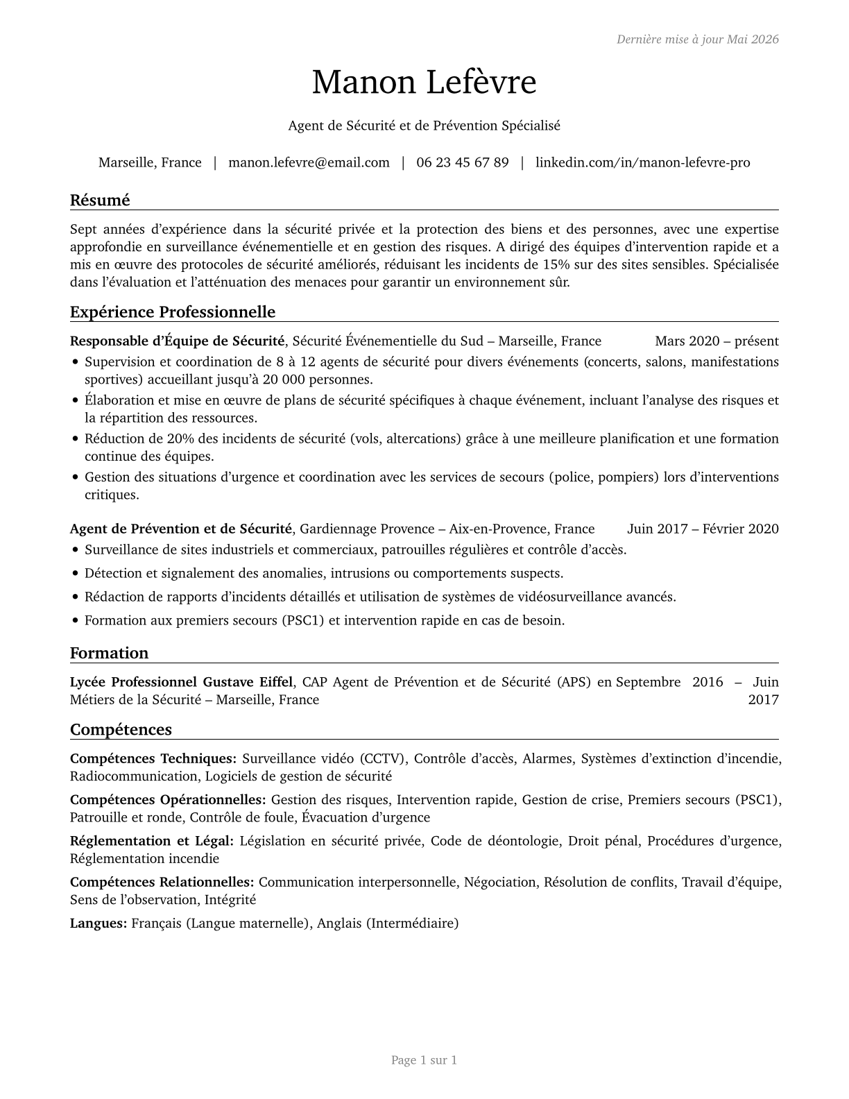Protective Service Workers, All Other CV in French — page 1