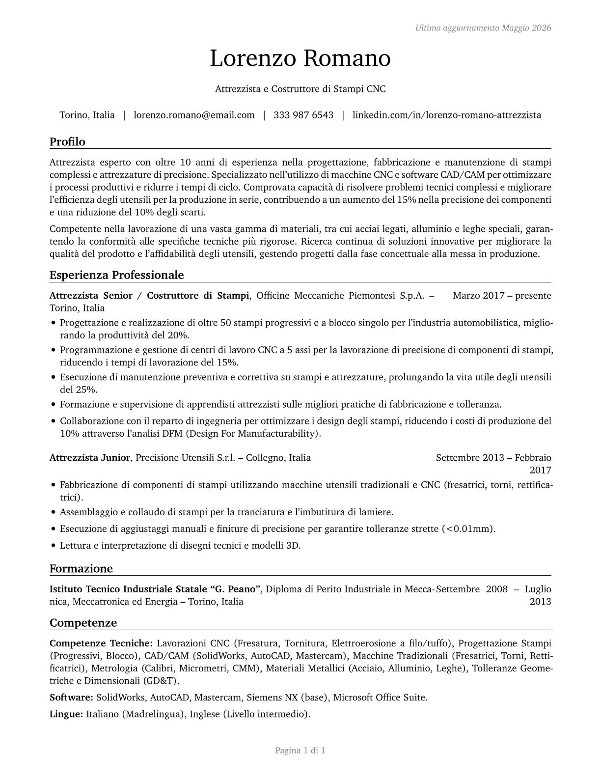 Tool and Die Makers CV in Italian — page 1