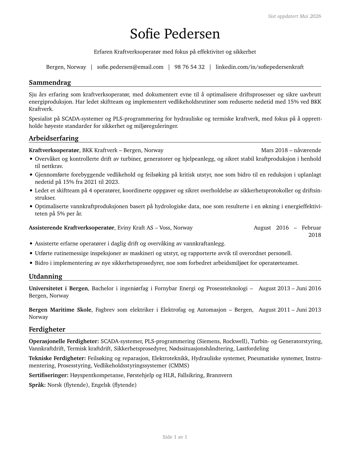 Power Plant Operators CV in Norwegian_bokmal — page 1