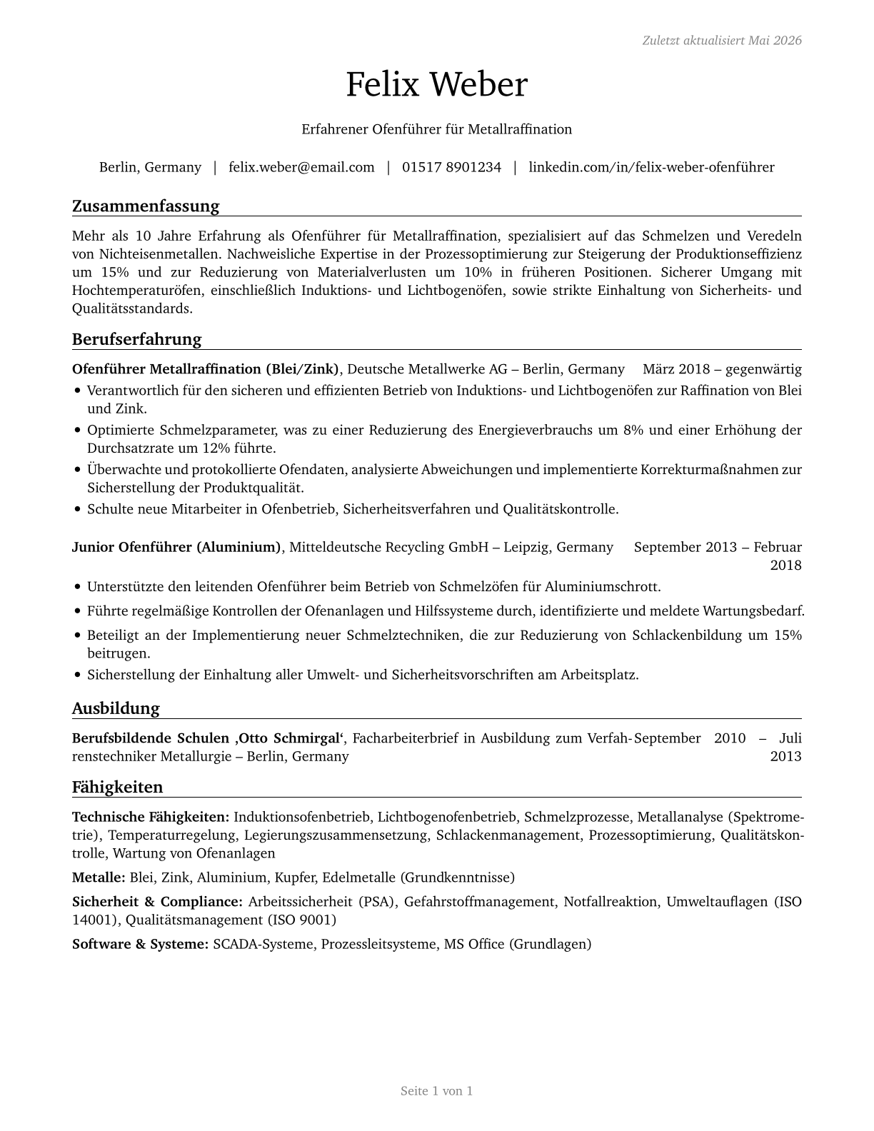 Metal-Refining Furnace Operators and Tenders CV in German — page 1