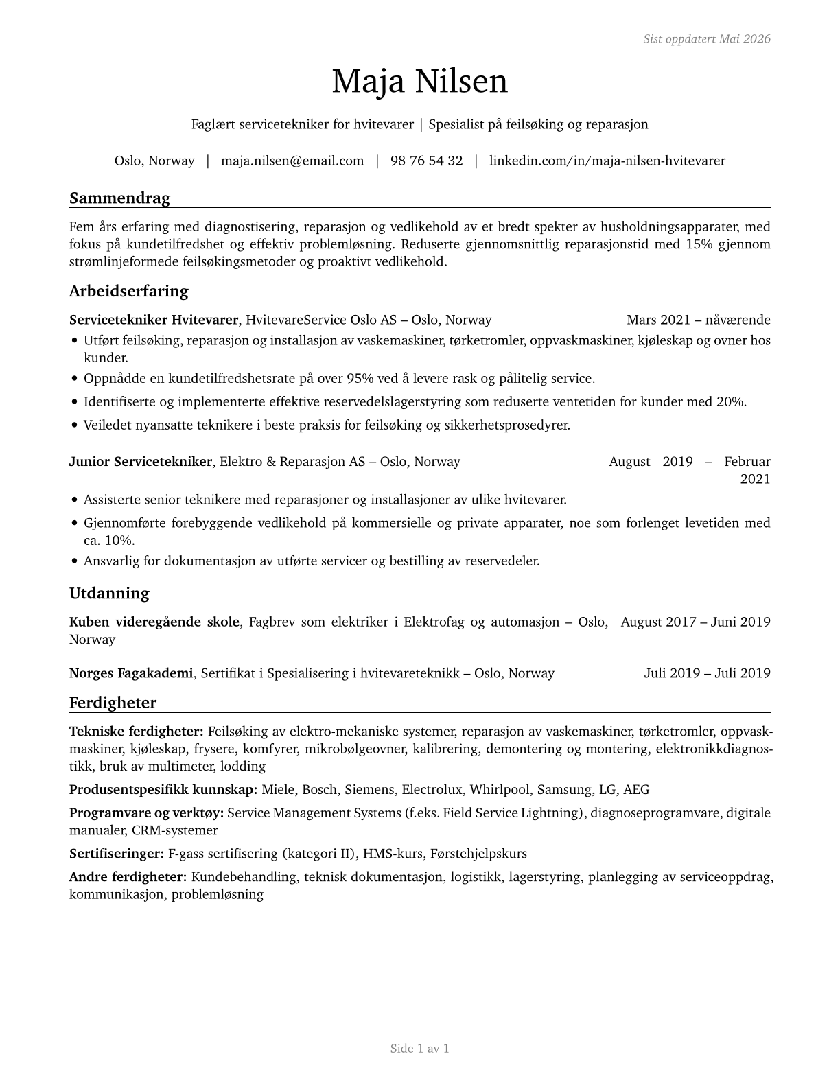 Home Appliance Repairers CV in Norwegian_bokmal — page 1