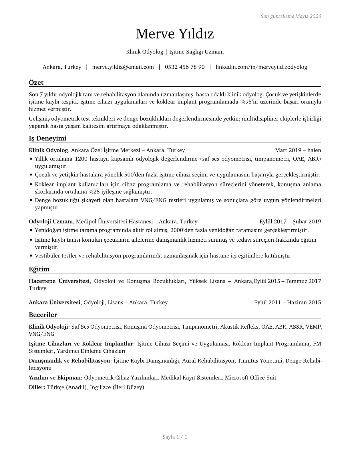 Audiologists CV in Turkish — page 1